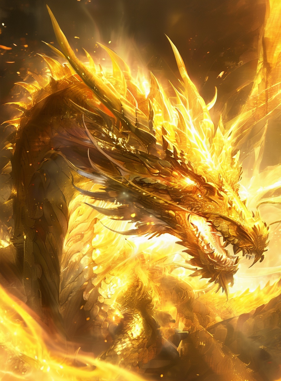 a majestic dragon, bathed in a radiant golden hue. The dragon's scales appear intricately designed, with sharp, jagged edges and a fiery, molten appearance. Its eyes are glowing with an intense, fiery light, and it seems to be breathing fire, as evidenced by the fiery trail it's emitting. The background is filled with swirling smoke and flames, creating an atmosphere of chaos and destruction. The dragon's posture suggests it's either in the midst of a battle or emerging from a fiery pit<lora:KING Gardon-000010:1>