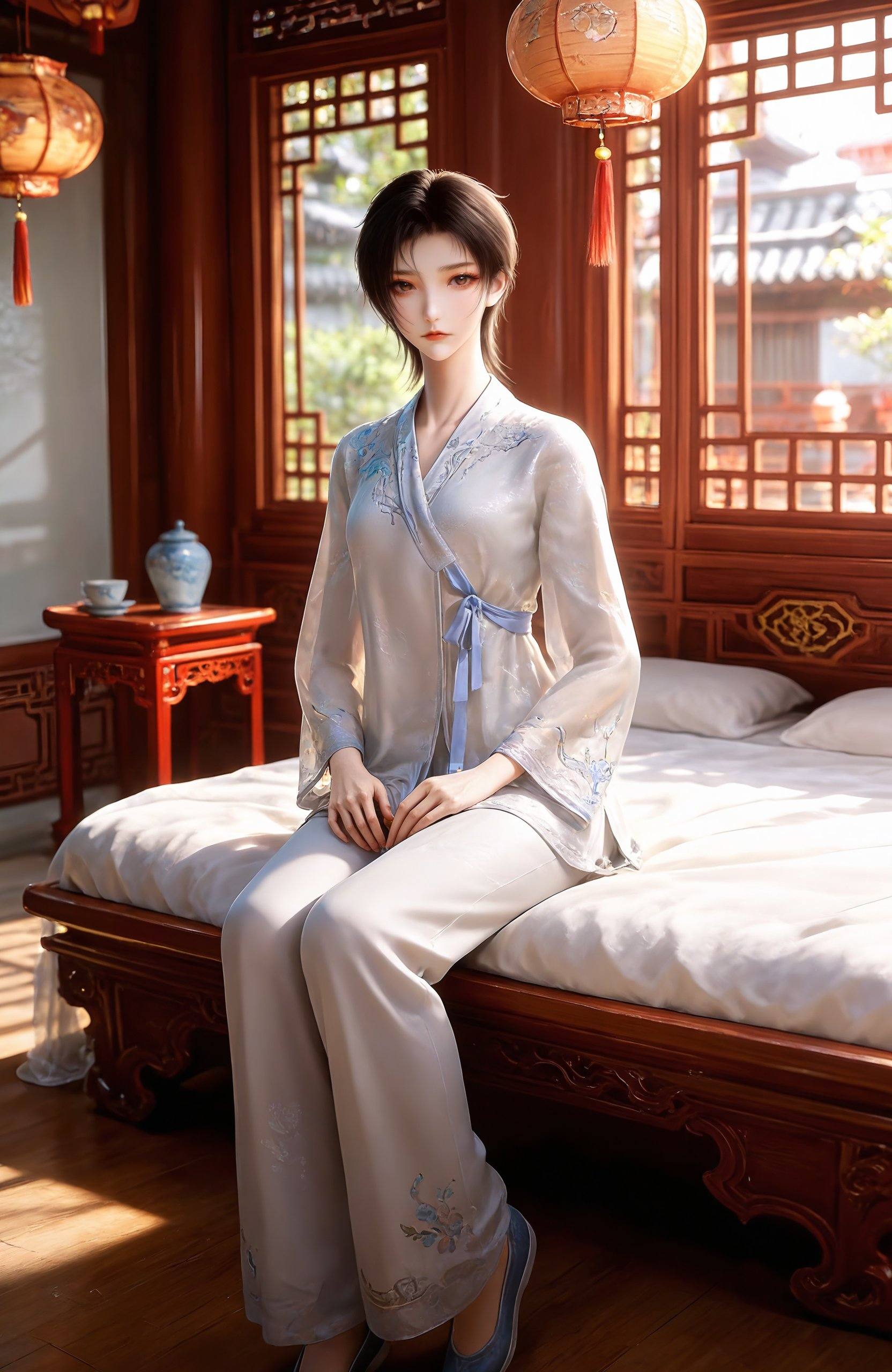 <lora:神墓-龙舞-睡衣IL:0.8>  1girl,short hair,, black hair, brown eyes,korean clothes,, long sleeves, see-through, white pants, blue shoes,, 1girl,solo,sitting,window,frills,indoors,closed_mouth,looking at viewer,chinese architecture,lantern,Tables,stool,bedroom,cup,bed,upper body,