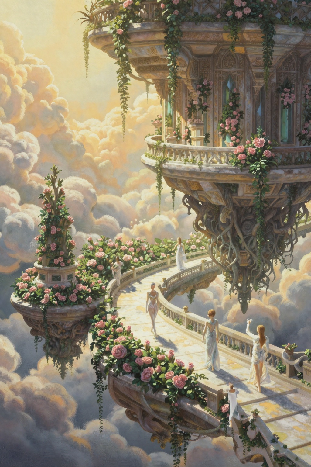 secret_grotesque_fantasy,  heavy gritty texture,  painterly gouache illustration style. A luminous high-fantasy garden sus...