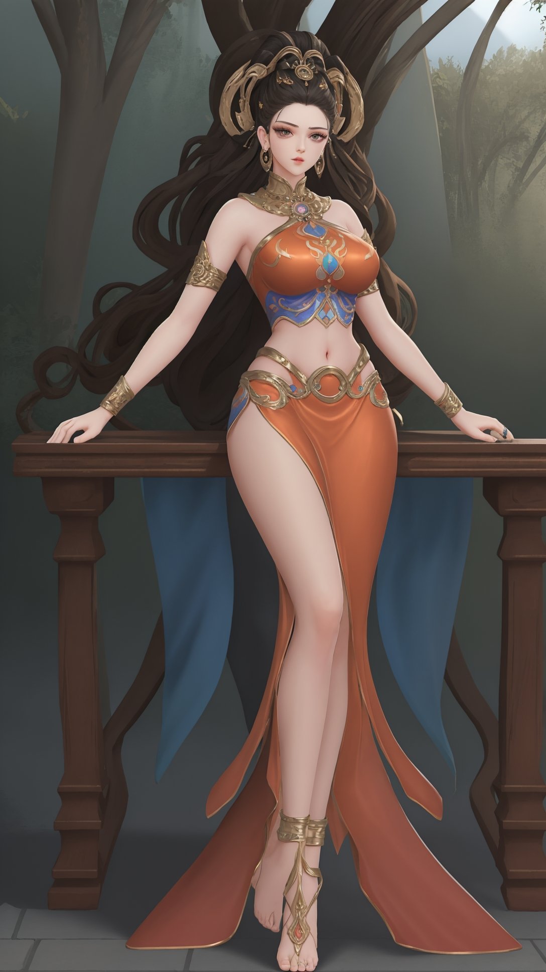 (1girl),smooth chin,masterpiece,detailed face,((hair ornament:1.2)),top quality,4k,make up,best quality,large breasts,(looking at viewer),ribbon,arms behind back,shawl,detached sleeves,forehead mark,legs,on street,full body,sitting on table,<lora:王者杨玉环遇见飞天_v1.0:0.9>,(big hair ring:1.5),hair ribbon,chinese clothes,orange skirt,midriff,anklet,armlet,