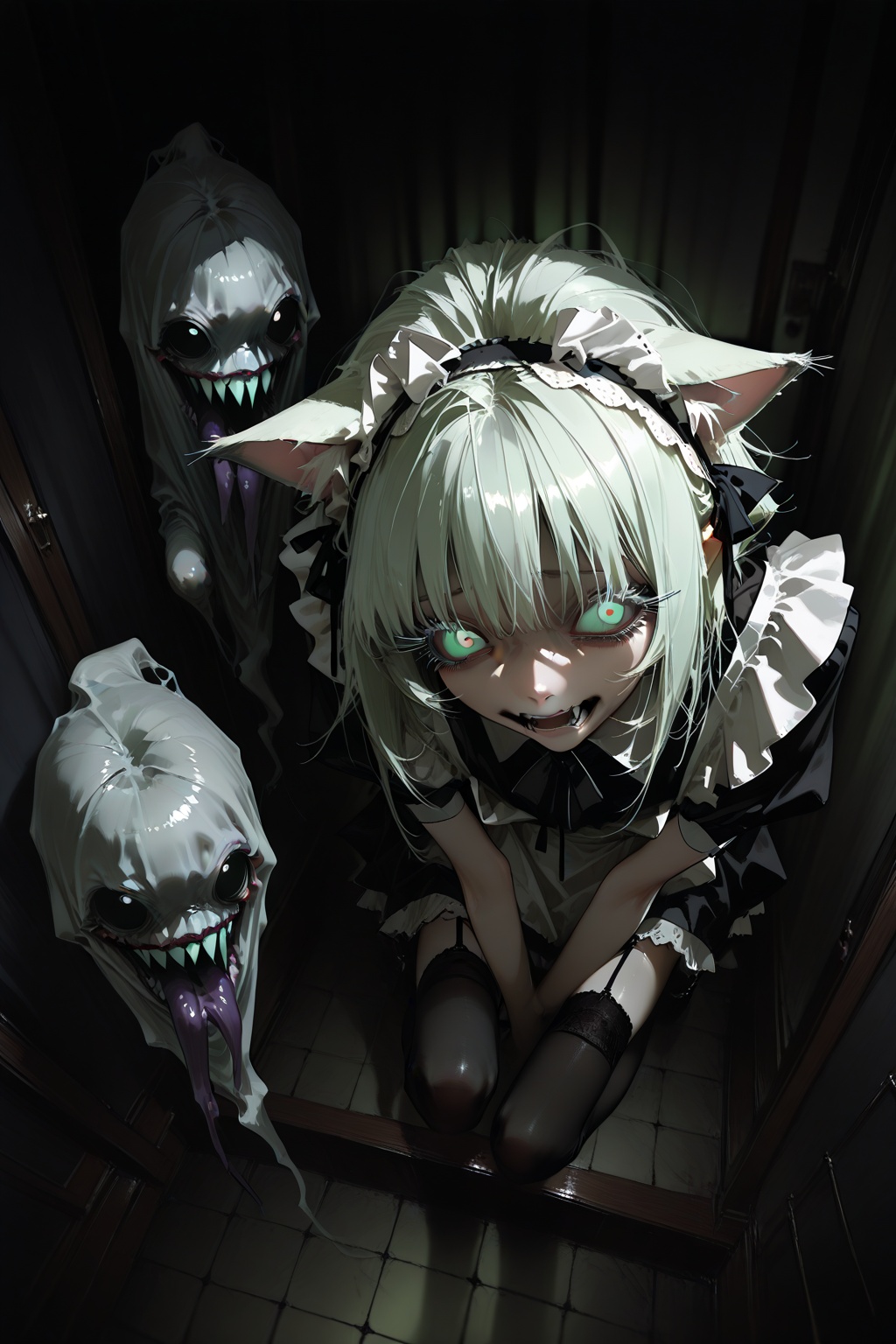 masterpiece,(dino_(dinoartforame):0.5),(yoneyama mai:0.5),from_above,1catgirl,maid,black_thighhighs,indoors,light_green_hair,white eyelashes,long eyelashes,dark scenes,horrible atmosphere,scared expressions,ghost,the girl is hidden behind the terrible monster,
