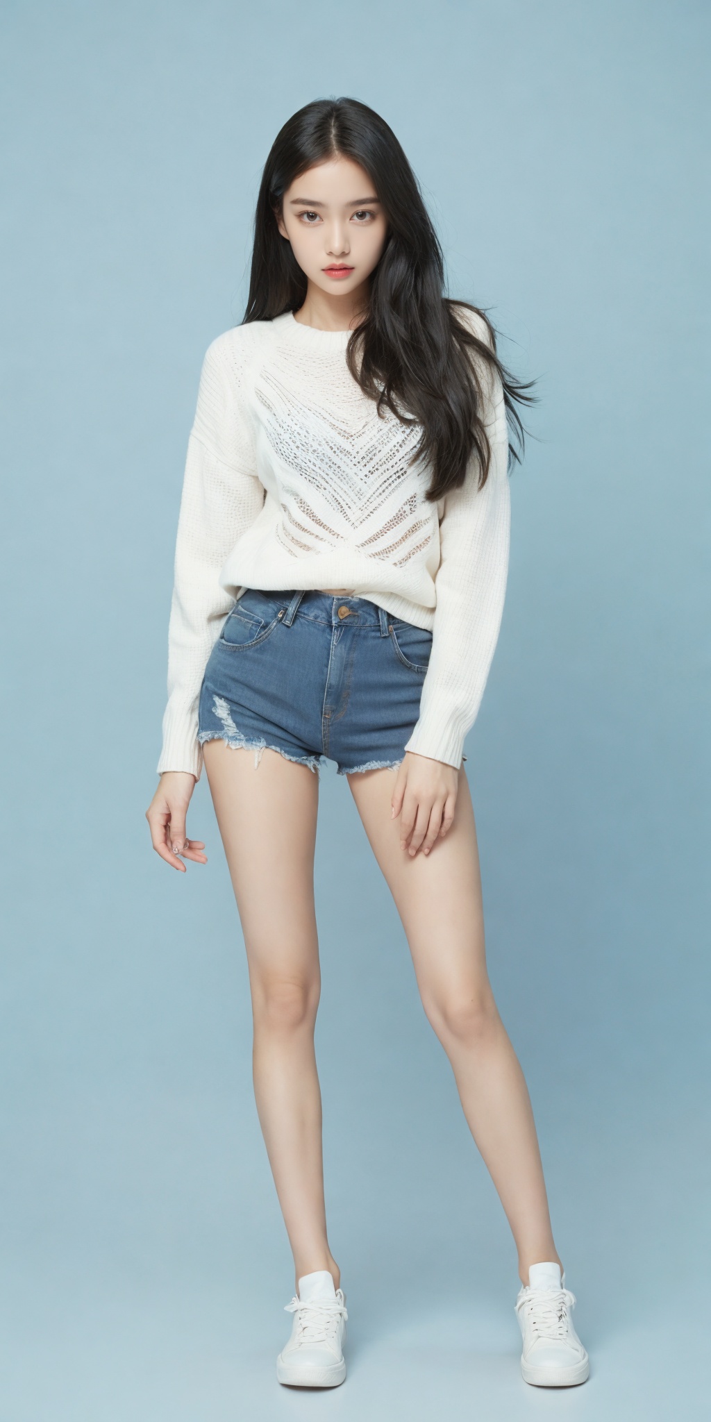 1girl,(standing:1.3),(denim_shorts:1.2),(blue background:1.3),(white sweater:1.2),white sneaker,long hair,