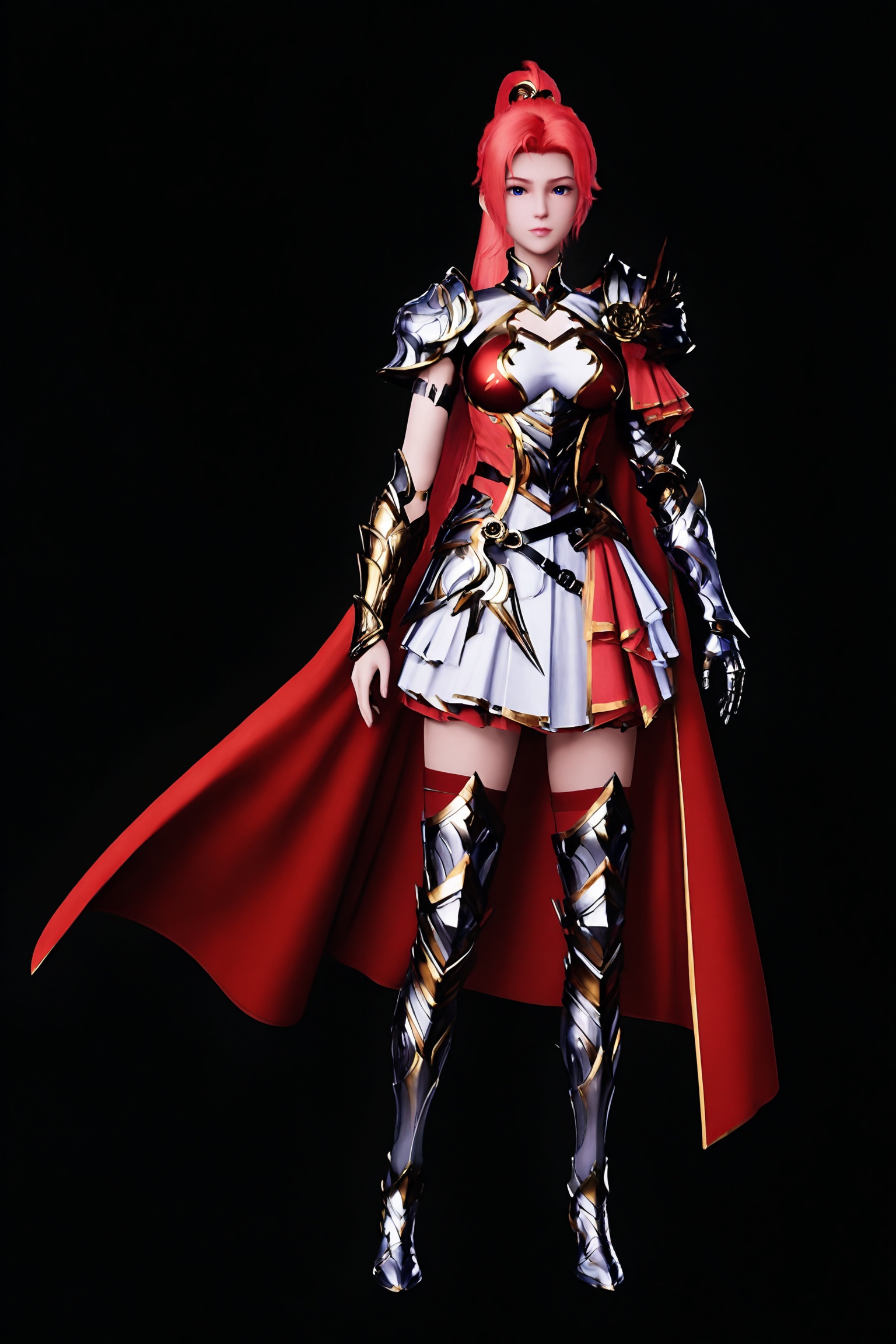 black background,standing,looking at viewer,1girl,wxe\(sywz\),red hair,long hair,ponytail,blue eyes,armor,red cape,single gauntlet,thighhighs,shoulder armor,dress,dress,leg armor,breasts,armored boots,