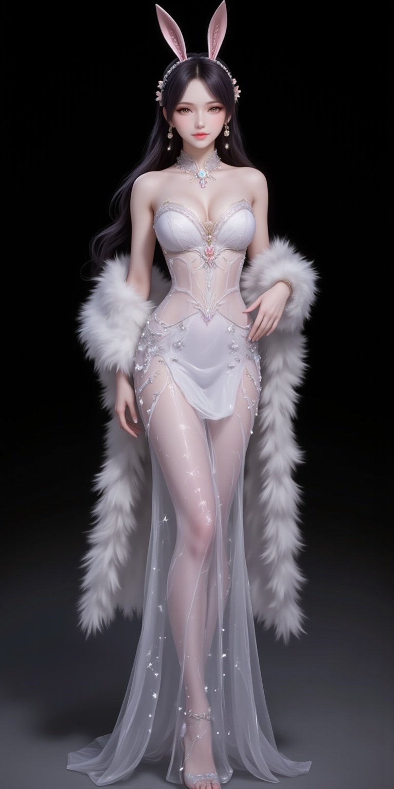<lora:婚纱1·人物百搭款6:1.1>,hunsha,1girl,dress,solo,breasts,fur shawl,white dress,cleavage,bare shoulders,medium breasts,indoors,standing,strapless dress,sparkle,high_heels,standing,legs,black_background,simple background,cover,gradient background,close-up details,outstanding style,adding a touch of dimension to your images without compromising details,close-up,<lora:DJ滤镜_2.5D版:0.3>,lvjing,<lora:油画唯美滤镜15:0.2>,baoshi,<lora:江楠楠·衣服百搭款6:1.1>,jiangnannan,black hair,long hair,wavy hair,very long hair,brown eyes,fair_skin,rabbit ears headwear,