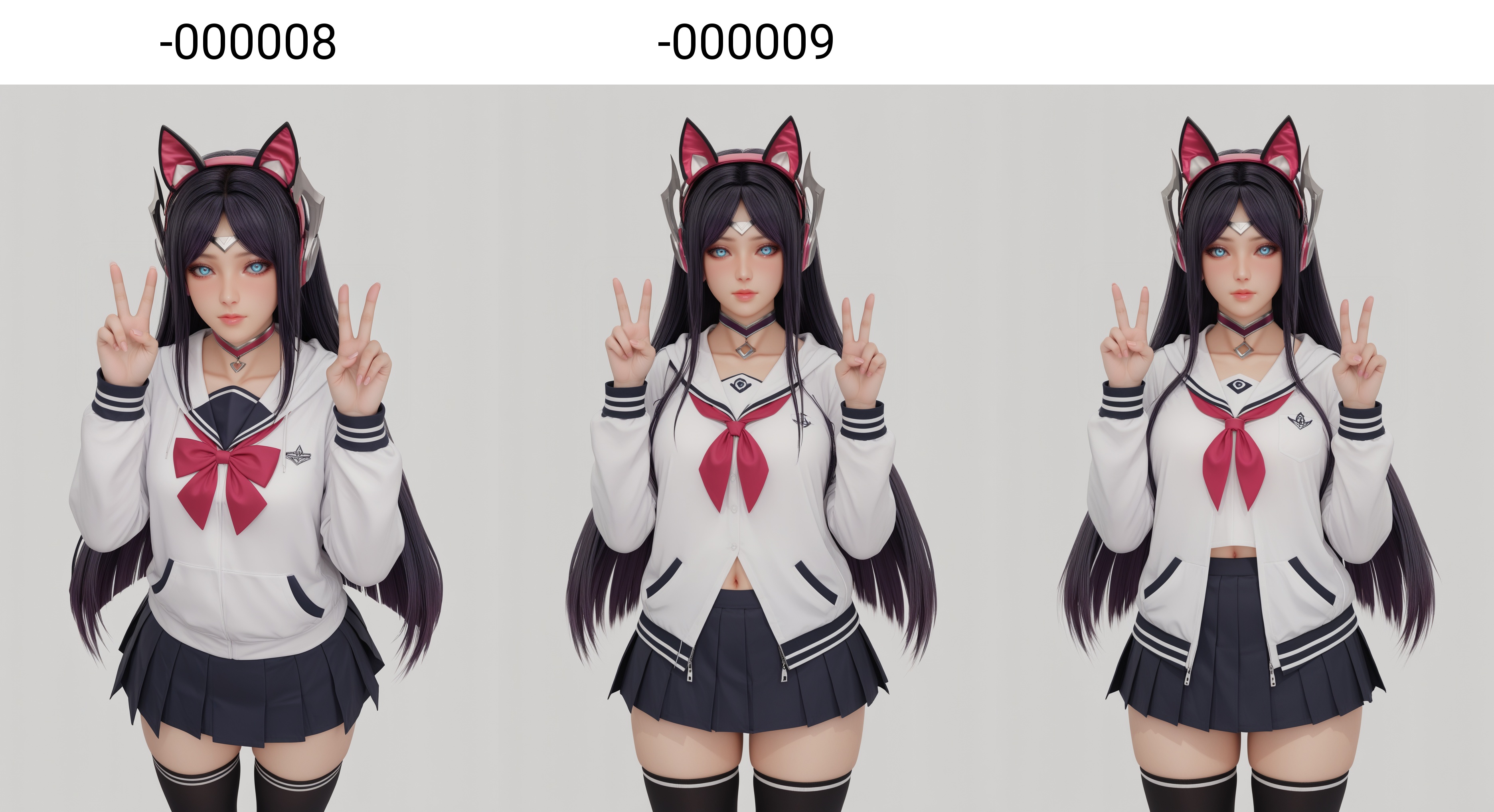 (score_9),light blush,1girl,solo,<lora:艾瑞利亚-Apony-000008:0.83>,arily,dark purple hair,long hair,choker,forehead ornament,blue eyes,animal ear headphones,school_uniform,hoodie,blouse,skirt,groin,navel,groin tendon,thighhighs,black thighhighs,BREAKsolo focus,front view,looking at viewer,(double v),<lora:e肤色滑块:0.6>,(white_skin),(light_skin),simple background,white background,