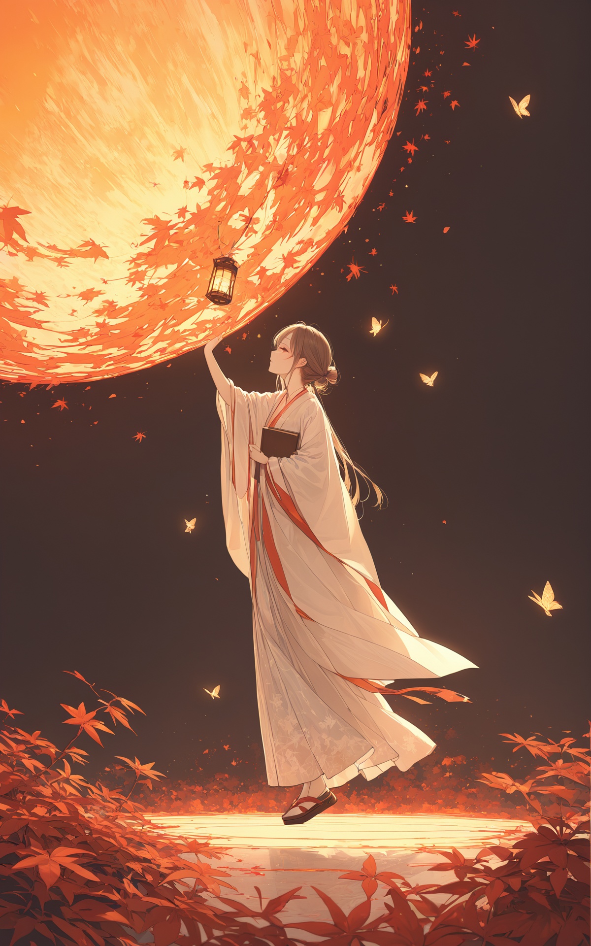 (masterpiece), (best quality),illustration,ultra detailed,hdr,Depth of field,colorful,This artwork is a masterpiece, created with the utmost attention to detail and best quality. It features a full-body depiction with a particular focus on the subject. The scene unfolds against a gradient background, evoking the colors of autumn. A lantern with an intensity of 1.5 illuminates the surroundings. The atmosphere is set late at night, with a gentle wind of 1.5 adding movement. The composition includes elements like a flying butterfly, flying petal, and the graceful descent of maple leaves. An Orange Moon graces the sky, and the presence of a character, depicted with a scale of 1.5, adds a personal touch.A Hanfu girl holds a sign with the words Hans written on it