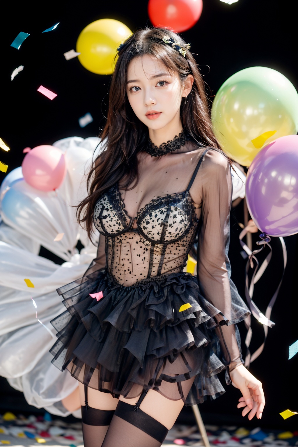 Realistic,(masterpiece:1.2),best quality,8K,HDR,RAW,depth of field,blurry,1girl,(Black hair,delicate girl),(surrounded by balloons and confetti),((solo)),huge breasts,standing,(looking at viewer),<lora:add_detail:0.6>,<lora:GoodHands-vanilla:1>,  <lora:ENNE 黑色分层裙+黑丝_v09:0.9> ,layered skirt, see-through, black stockings,