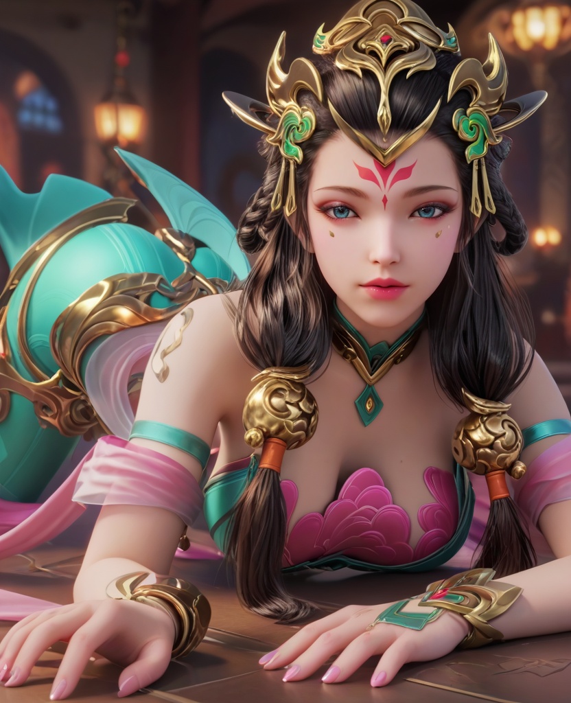 (oriental architecture, elegant decor, sophisticated style:1.1),(top-down bottom-up:1.1),(breasts:1.2),(veil:1.1),<lora:XL16王者荣耀杨玉环:0.95>,miss yangyuhuan,green stain mermaid evening gown,pink bra,blue eyes,mole under eye,eyeshadow,forehead mark,black hair,long hair,braid,hair ornament,makeup,bare shoulders,pink silk shawl,bracelet,belt,anklet,, score_9,score_8_up,score_7_up,score_6_up,score_5_up,score_4_up,3d rendering,tag1,tag2, Cinematic Lighting,backlighting,, zPDXL3, zPDXL2,zPDXL, zPDXLxxx, zPDXLrl,