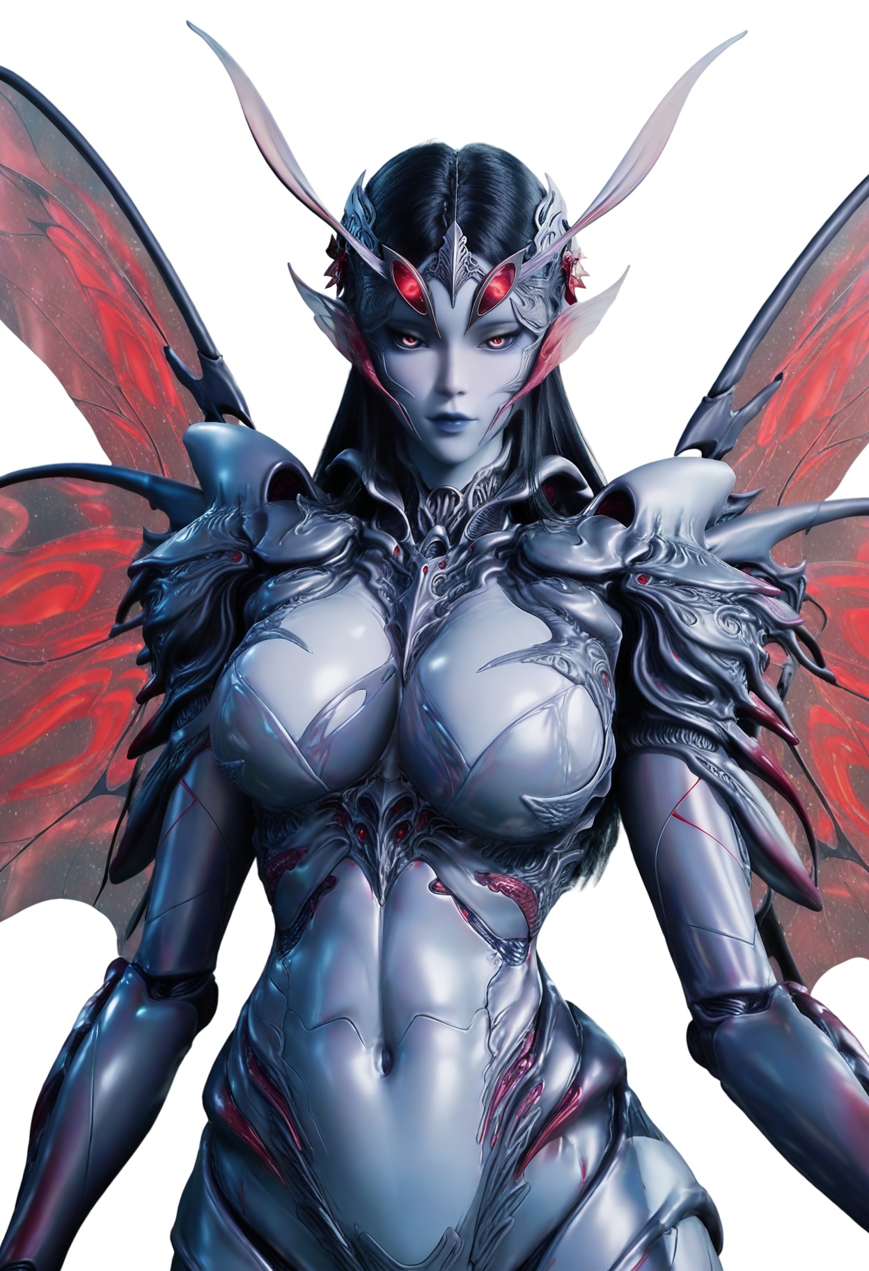 score_9,<lora:SF_ChongZuNvWang_Pony_Realism2.3-000004:0.7>,alien,armor,antennae,arthropod girl,red wings,hair ornament,black hair,long hair,1girl,large breasts,solo,looking at viewer,white background,simple background,cowboy_shot,