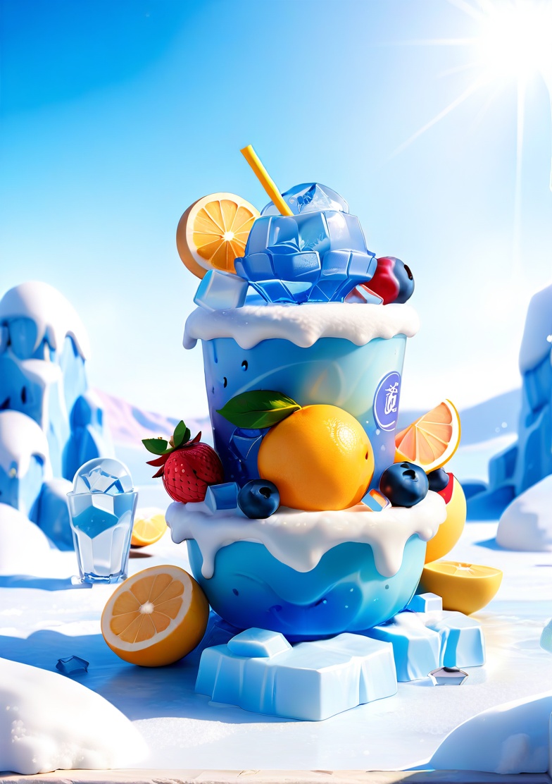SummerFruit,(masterpiece),The best quality,Official art,Aesthetics and aesthetics:1.2),(Fruit cup surrounded by ice:1.2),Surrounded by snow and ice,Lots of ice,Blue theme,Fruit icon,Fruit tea,Surrealist dreamy style,Product posters,Foreground occlusion,Natural light,OC rendering,Studio lighting,Ray tracing,High quality,