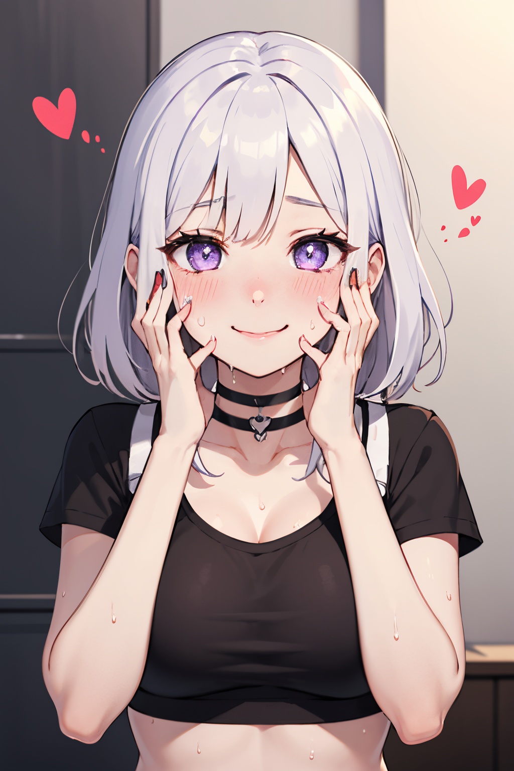 1girl,heart-shaped pupils,fingernails,hands on own face,white hair,purple eyes,(blush:1.1),choker,upper body,trembling,sweat,sweatdrop,heart,(speed lines:1.1),medium breasts,((heavy breathing:1.3)),love,heart,crop top,happy,smile,