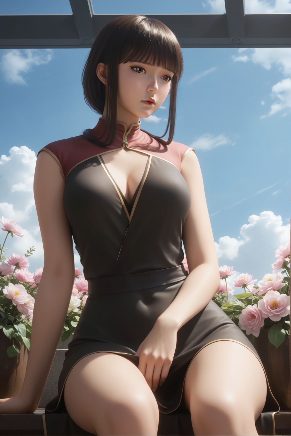 score_9,score_8_up,score_7_up,<lora:wy_fanlv_XLdz:0.8>,1girl,solo,breasts,cleavage,chinese clothes,cleavage cutout,clothing cutout,dress,bangs,brown eyes,blunt bangs,long hair,medium breasts,brown hair,black hair,china dress,realistic,thick_thighs,sitting,flower,many flowers,very many flowers,black dress,blue_sky,cloudy,from_below,