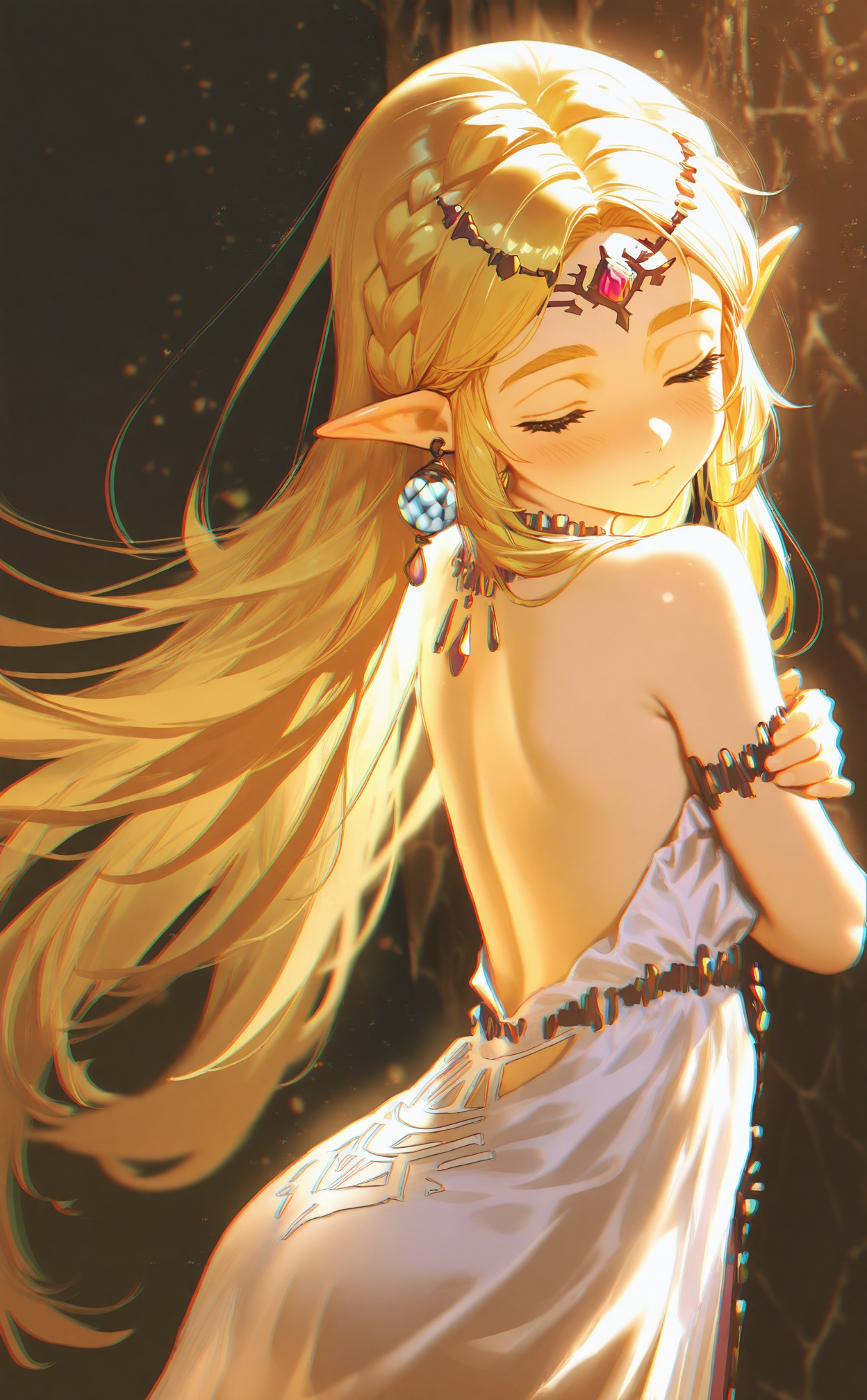 masterpiece,absurdres,best quality,loli,petite,high quality,chromatic_aberration,//,1girl, solo, pointy ears, closed eyes, long hair, dress, against wall, white dress, blonde hair, elf, closed mouth, bare shoulders, parted bangs, earrings, jewelry, from side, black background, crossed arms, backless dress, self hug, forehead mark, standing, backless outfit, forehead jewel, bare back, princess zelda, blush, covering privates, sidelighting, feet out of frame, sleeveless dress, light particles, light, strapless dress, sleeping, leaning back, cowboy shot//,Depth of field,(colorful),hdr,Tyndall effect,depth of field,Tyndall Effect,blurry,blurry_background,depth_of_field,bokeh,glowing,//,<lora:ssxd2——【noob】hans:1>,