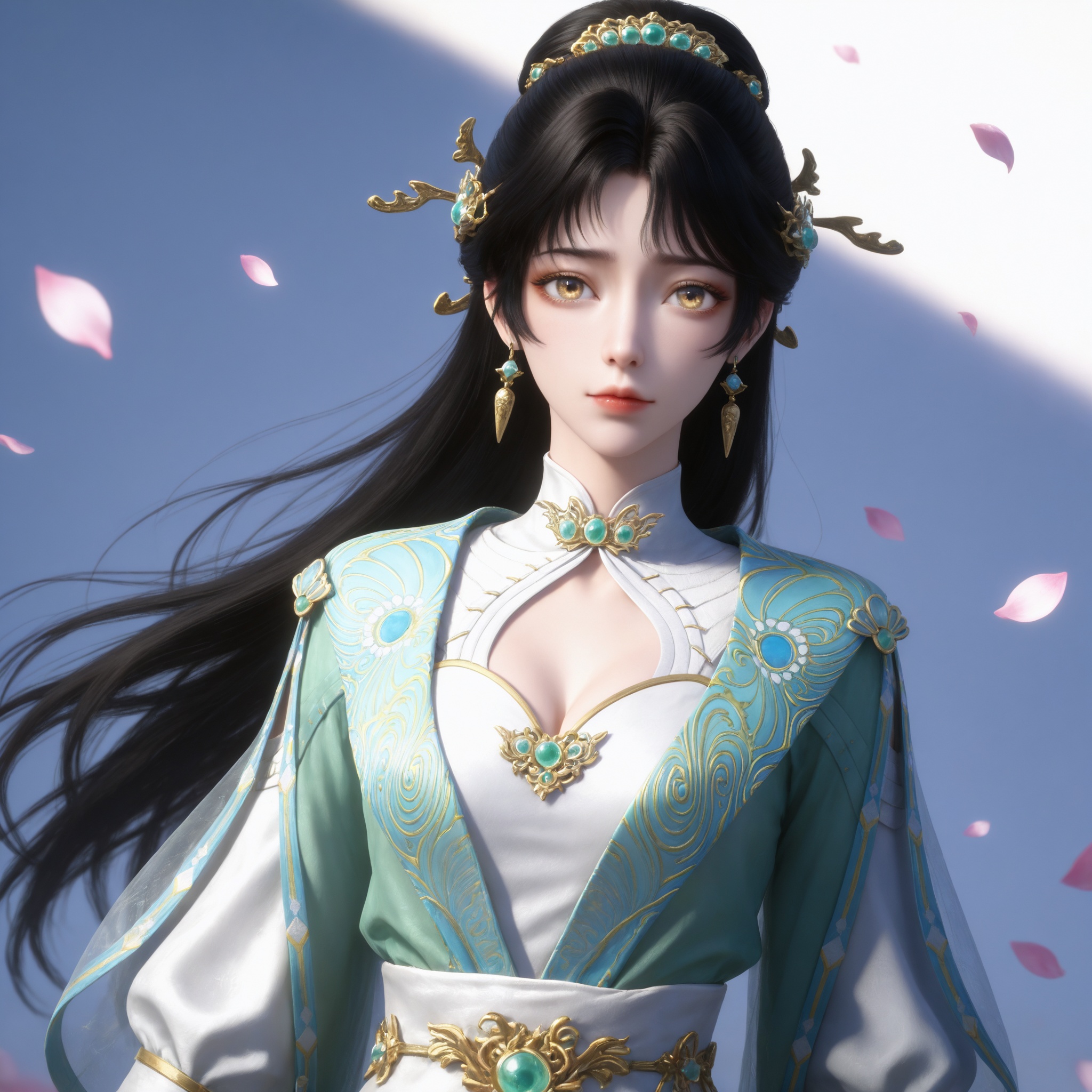 Nai3 style,realistic style photo,outstanding style,Use soft lighting to cast gentle shadows on the subject,adding a touch of dimension to your images without compromising details,whirls of vapor,(Anime:1.1),soft neon light,ethereal ambiance,delicate details,magical atmosphere,concept art,highly detailed,ultra-high resolution,32K UHD,sharp focus,best-quality,masterpiece,golden hour,unconventional supreme masterpiece,masterful details,temperate atmosphere,with a high-end texture,in the style of fashion photography,magazine style,Dynamic Angle,Dynamic posture,magazine style,Dynamic Angle,Dynamic posture,(cowboy_shot:1.2),eye trail,depth of field,cinematic lighting,lens flare,close-up,extreme aesthetic,(wlop:0.6),(honjou raita,lack,rella,wanke:0.5),masterpiece,best quality,good quality,newest,year 2025,very aesthetic,absurdres,Visual impact,A shot with tension,ultra-high resolution,32K UHD,sharp focus,best-quality,masterpiece,Emotionalization,unconventional supreme masterpiece,masterful details,temperate atmosphere,with a high-end texture,in the style of fashion photography,(Visual impact:1.2),giving the poster a dynamic and visually striking appearance, <lora:九阳武神-苏青洛IL:0.7> 1girl, black hair, long hair, hair ornament, jewelry, hair bun, green dress, long sleeves, cleavage cutout, sash, white footwear, chinese clothes, earrings, realistic style,white background,upper body,looking at viewer,dynamic posture,, 1girl,solo,upper body,looking at viewer,petals,falling petals,masterpiece,best quality,absurdres,highres,amazing quality,very aesthetic,newest,absurdres,highres,highly detailed,very aesthetic,