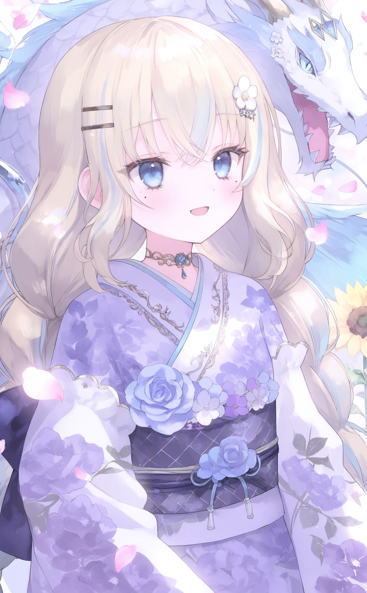 masterpiece,absurdres,best quality,loli,petite,high quality,chromatic_aberration,//,1girl, flower, kimono, dragon, japanese_clothes, hair_ornament, blue_eyes, sash, virtual_youtuber, sunflower, obi, floral_print, mole_under_eye, hairclip, mole, multicolored_hair, purple_flower, smile, petals, blue_flower, long_hair, braid, falling_petals, solo, open_mouth, rose, blue_hair, year_of_the_dragon, blonde_hair, blue_rose, twin_braids, purple_kimono, streaked_hair, floral_print_kimono, low-braided_long_hair, paintbrush, upper_body, purple_rose, black_sash, eastern_dragon, white_flower, necklace, choker, obijime, 2024//,<lora:guimao2——【noob】hans:1>,