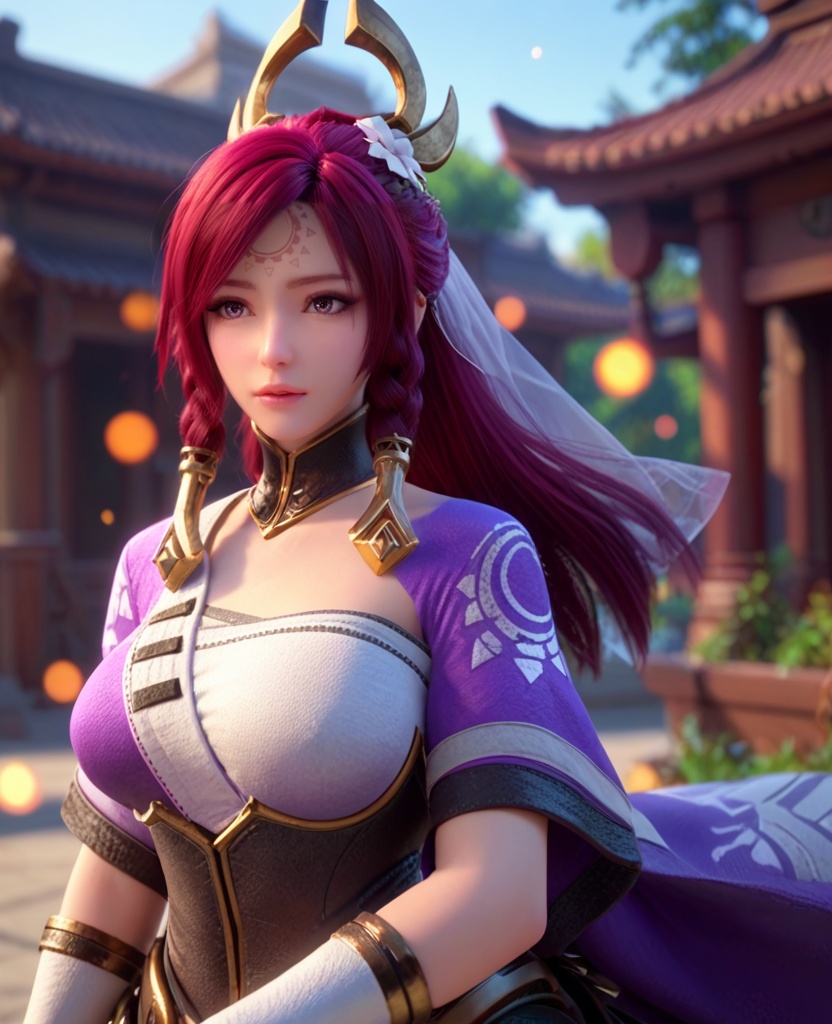 (oriental architecture, elegant decor, sophisticated style:1.1),(w arms:1.1),(large breasts:1.2),<lora:XL王者荣耀伽罗:0.95>,miss jialuo,purple right side robe layered on top of white sarashi,red hair,ponytail,twin braids,hair ornament,hair tubes,detached collar,armored dress,forehead mark,bangs,purple eyes,hair flower,white thighhighs,(veil:1.1),, score_9,score_8_up,score_7_up,score_6_up,score_5_up,score_4_up,3d rendering,tag1,tag2, Cinematic Lighting,backlighting,, zPDXL3, zPDXL2,zPDXL, zPDXLxxx, zPDXLrl,