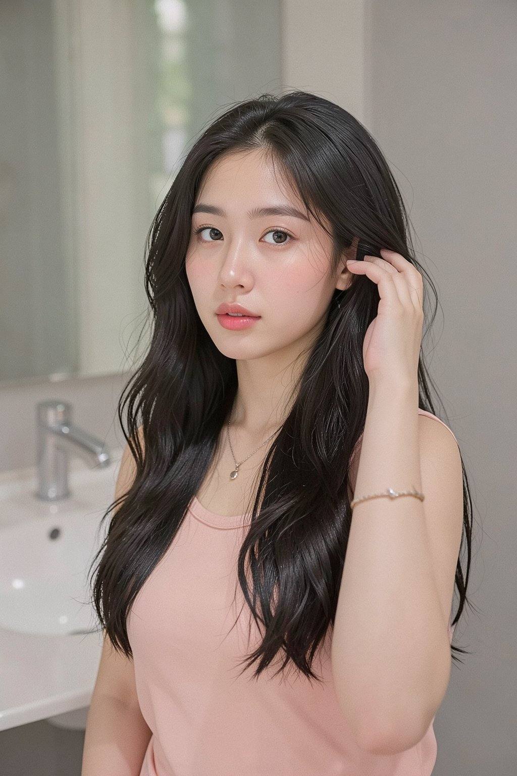 A young Asian woman,  estimated age range 20-25 years,  stands close to a bathroom sink. Her long by 天TIN on Tensor.Art