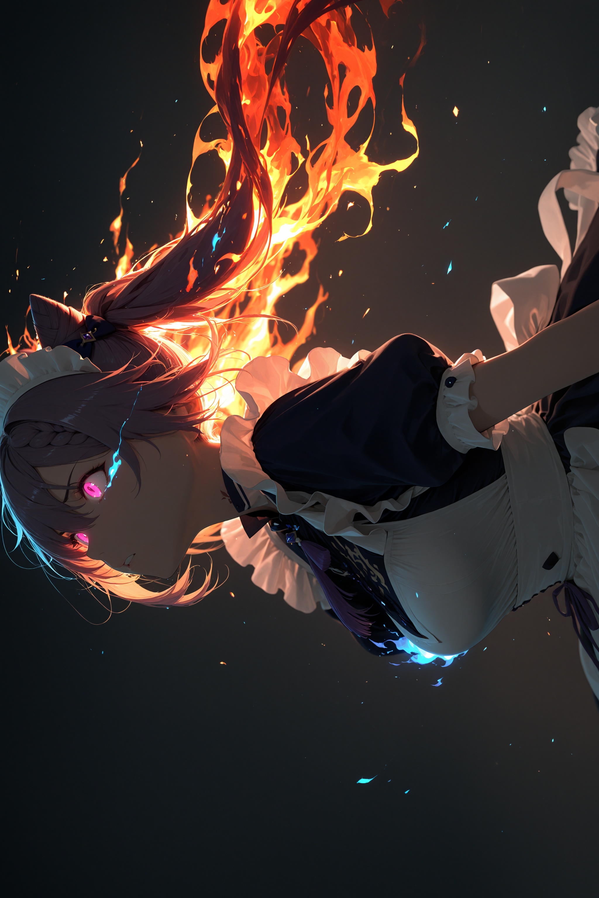 masterpiece,best quality,amazing quality,very aesthetic,absurdres,newest,highres,1girl,maid,keqing,big_hair,Burning hair, fluttering hair, intense light and shadow effects, dazzling firelight, hair combined with flames, sideways, resolute eyes, glowing eyes, eyes bursting with flames, blue flames,