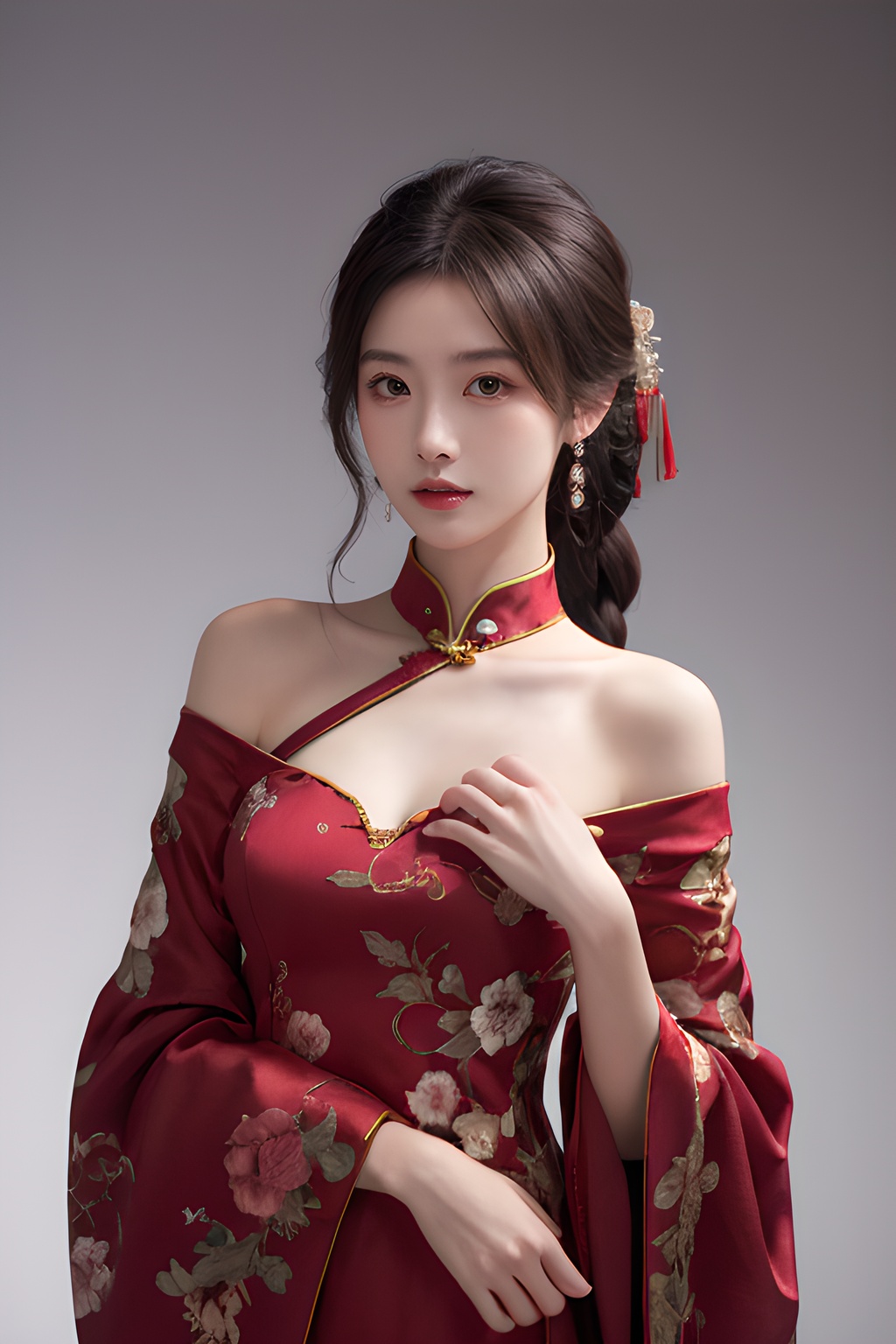 <lora:0810_06:0.7>,simple background,china_dress,, 1girl,realistic,masterpiece, best quality, photorealistic, HDR,detail