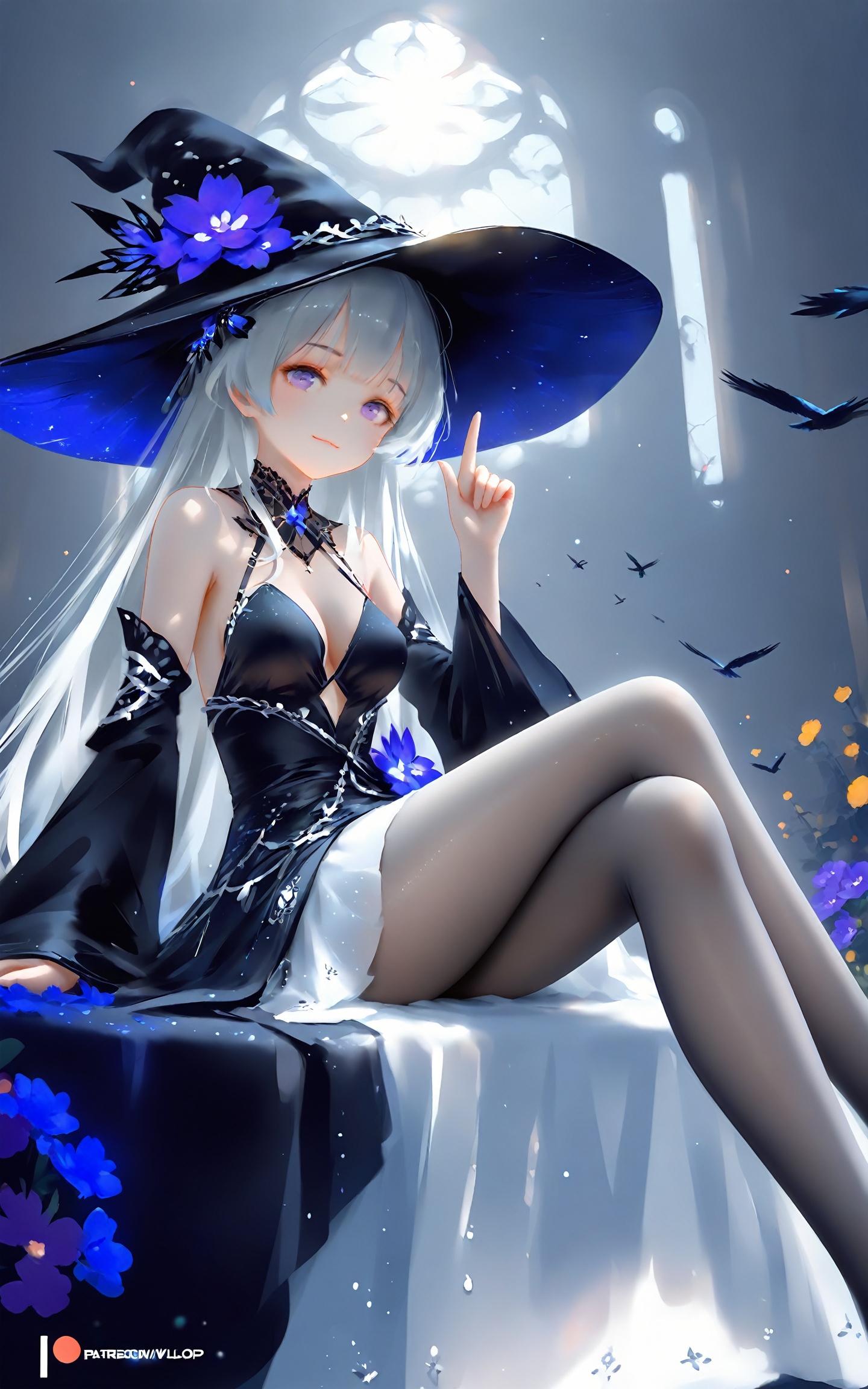 1girl,solo,long hair,breasts,looking at viewer,smile,bangs,skirt,long sleeves,hat,dress,bare shoulders,medium breasts,sitting,very long hair,closed mouth,purple eyes,flower,white hair,grey hair,pantyhose,detached sleeves,sky,wide sleeves,black dress,black headwear,witch hat,bird,white skirt,index finger raised,purple flower,hat flower,backlighting,blue and white theme,depth of field,cinematic lighting,light particles,lens flare,extreme aesthetic,(wlop:1),masterpiece,best quality,good quality,newest,very aesthetic,absurdres,A shot with tension,32K UHD,sharp focus,best-quality,masterpiece,Emotionalization,temperate atmosphere,with a high-end texture,in the style of fashion photography,(Visual impact:1.2),impactful picture,offcial art,colorful,movie perspective,masterpiece,