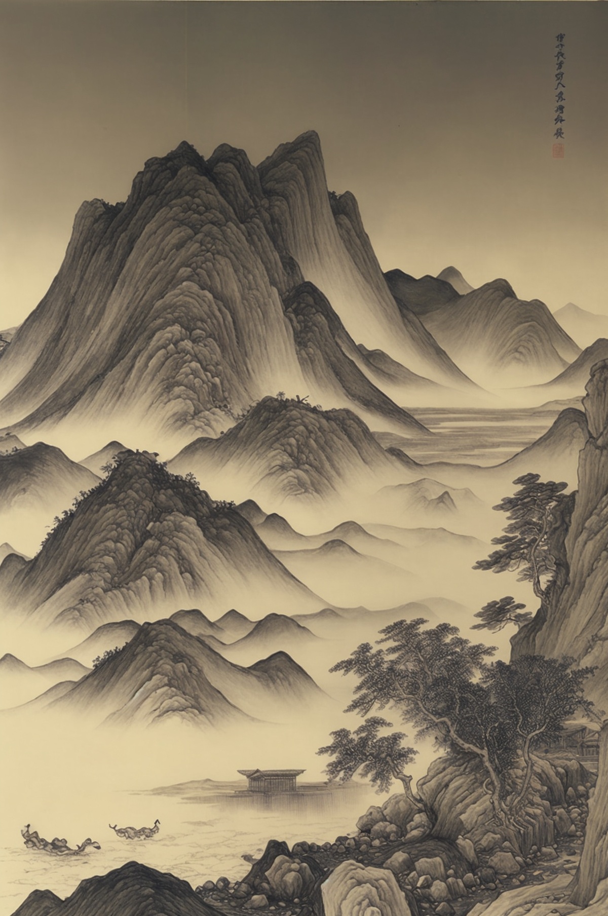 monochrome, mountain, no humans, plant, scenery, traditional media, tree, wings, yshanshui,<lora:SD1.5_YShanshui.64:0.6>