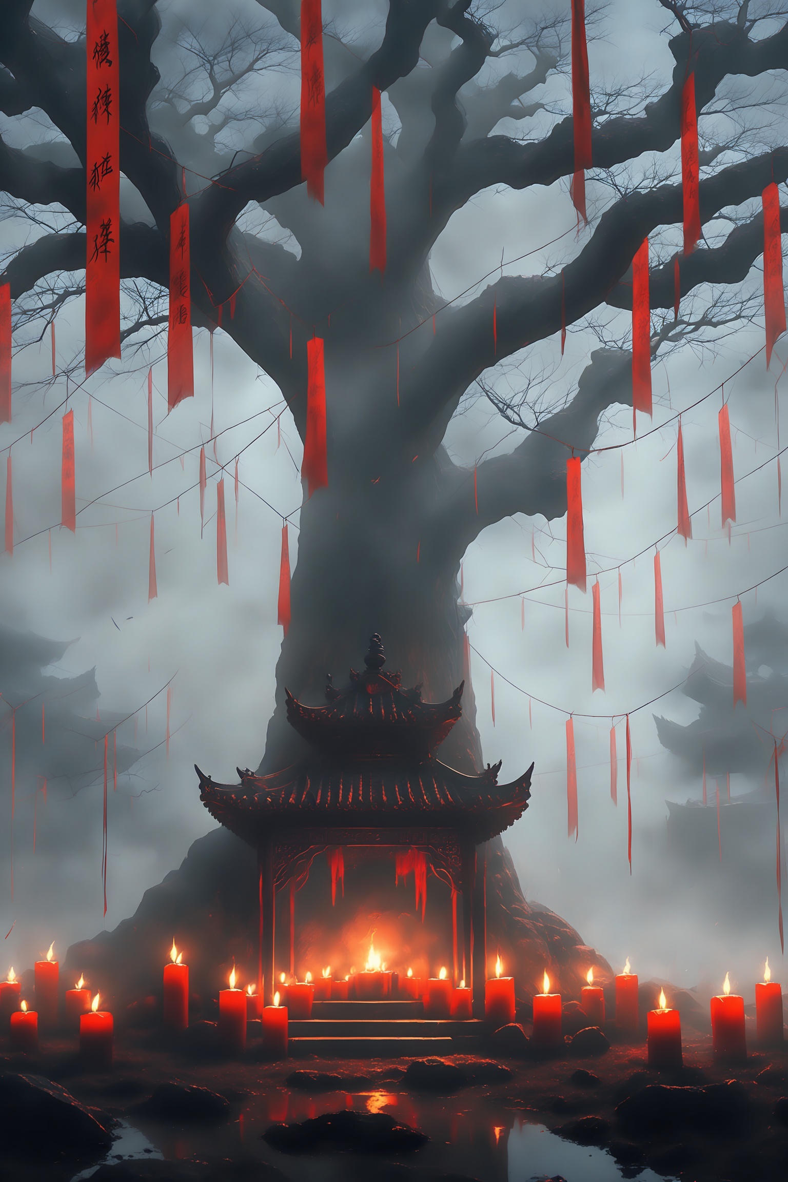 mojie,The image depicts a mystical and eerie scene set in a dark,foggy environment. Dominating the center is a large,gnarled tree with twisted branches,adorned with numerous red banners hanging from its limbs. The banners bear intricate,possibly ancient Chinese characters,adding to the mysterious atmosphere.,In front of the tree,there is a small,ornate structure resembling a traditional Chinese pavilion. It is illuminated by numerous candles,casting a warm,red glow that contrasts with the cold,blue tones of the surrounding fog. The ground is wet,reflecting the light from the candles and enhancing the overall sense of mystery and solemnity.,The scene evokes a sense of ancient rituals or ceremonies,possibly related to Chinese mythology or folklore,with the tree and banners serving as focal points for the event. The interplay of light and shadow,combined with the foggy backdrop,creates a hauntingly beautiful and otherworldly ambiance.,