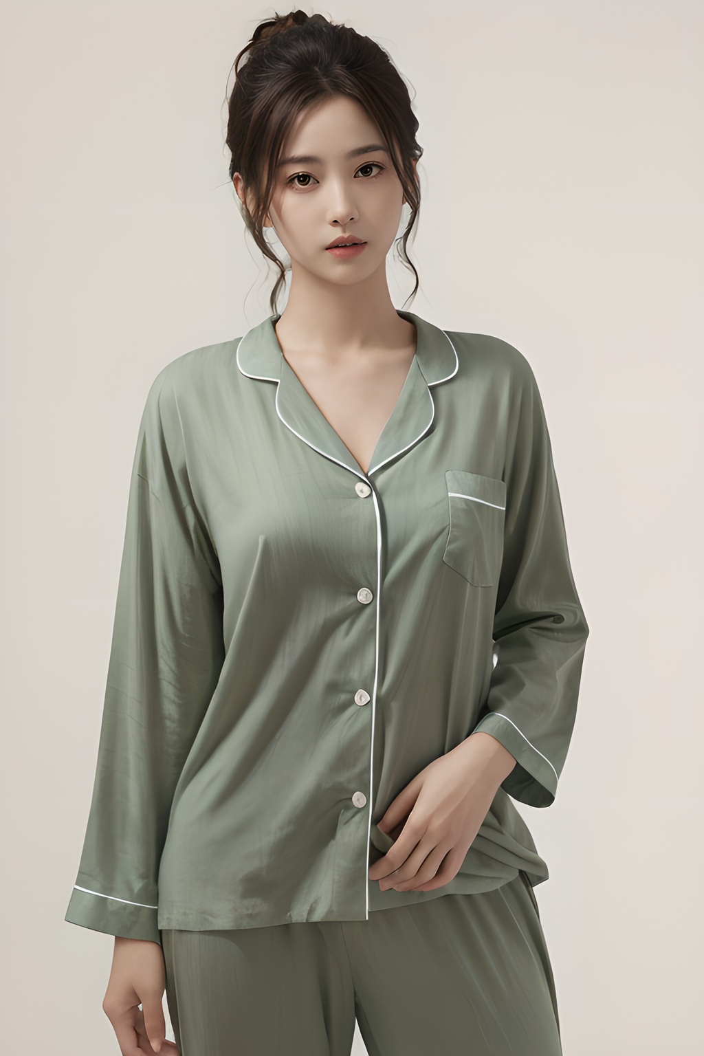 <lora:0818_07:0.7>,simple background,green_print_pajamas,, 1girl,realistic,masterpiece, best quality, photorealistic, HDR,detail