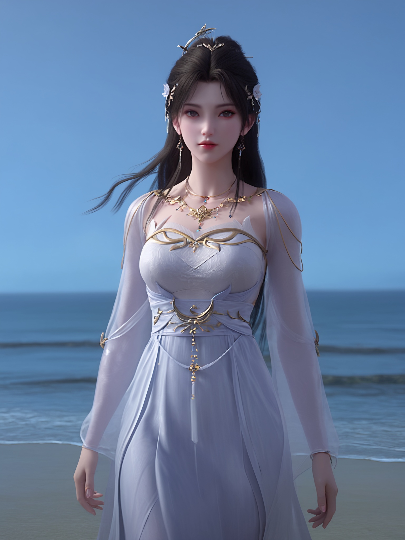 realistic style photo outstanding style,tall,cute,in her teens. Use soft lighting to cast gentle shadows on the subject,adding a touch of dimension to your images without compromising details,score_9,score_8_up,score_7_up,Seaside,beach,waves,<lora:清漪Pony:0.8>,1girl,long,straight black hair is styled in an intricate updo,adorned with a white flower and small silver ornaments.white gown with golden accents,giving it a regal,fairy-like appearance.,