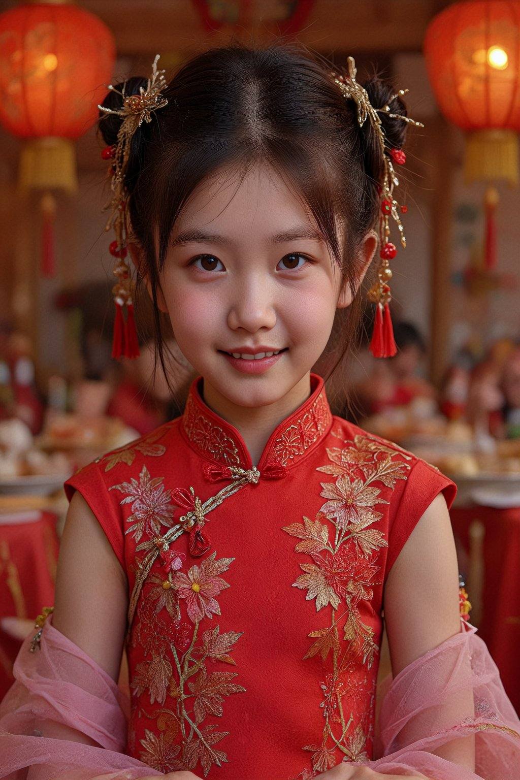 This photograph features a young Asian girl with fair skin and dark hair styled in traditional Chinese buns adorned with g...