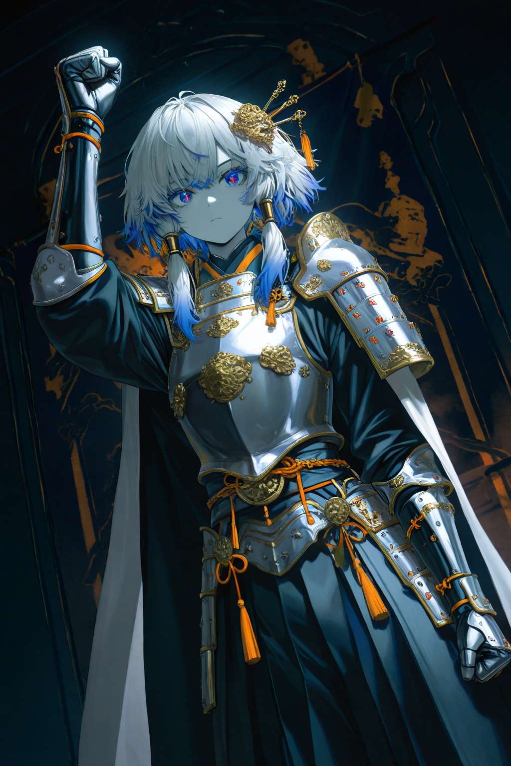 masterpiece,best quality,best quality,[quasarcake:crain1art:9],[dlgeria::9],(xxyt-xx:0.85),chen bin,(as109:0.5),fagun_yibei,berryverrine,(limited palette:1.5):(limited palette:1.5):8],dramatic,cape,samurai shoulder armor,royal presentation,intro trailer,dutch angle,action focus perspective,power raised fist,dark room,anime eyes,cowboy shot,looking at viewer,hair ornament,gold trim,breastplate,reflective silver,(neon indigo theme:0.85),simple background,windy,hair_tubes,masterpiece,best quality,year 2024,newest,highres,absurdres,very Aesthetic,looking_away,wild hair,(flag_background),