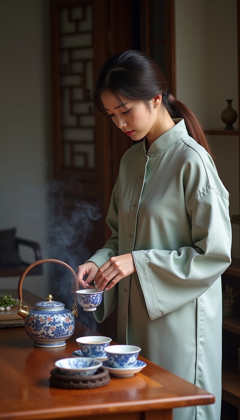 In the tea room at home,the solid wood tea table is equipped with delicate purple sand teapots and blue-and-white porcelain teacups. The Chinese beauty is wearing a simple Chinese-style modified jacket with wide-legged trousers and her hair is casually tied into a low ponytail. She is cooking tea intently and making tea. Her movements are skillful and elegant. Her face is facing the camera. The fragrance of tea is curling up,which contrasts with her attentive and shows a quiet and far in traditional Chinese culture,