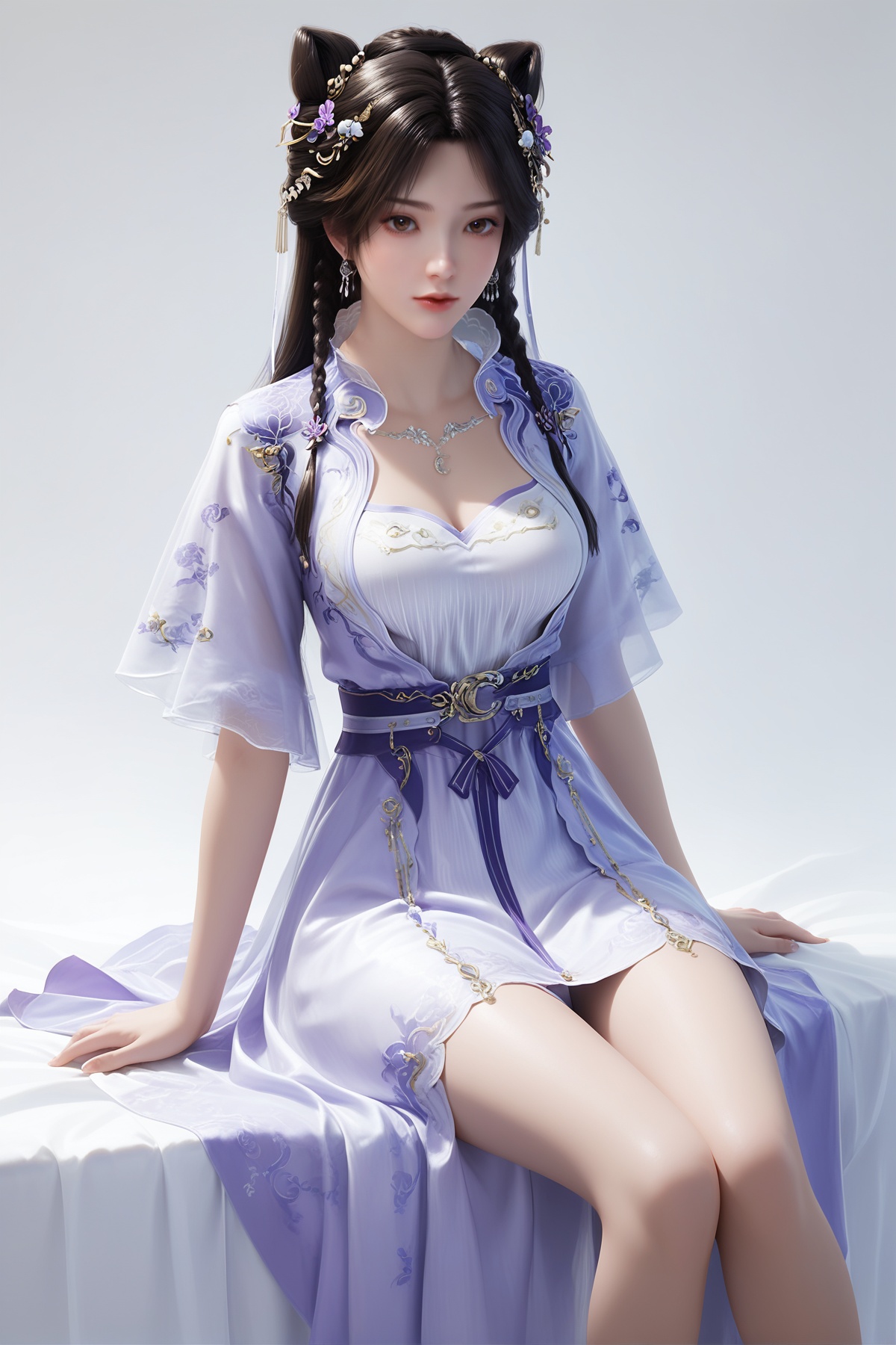 score_9,score_8_up,score_7_up,<lora:wy_jiziyue_x_XL7.0:0.8>,1girl,long hair,breast,medium breast,hair_ornament,dress,black hair,brown eyes,thick_thighs,sitting,simple background,white_background,purple_dress,twin braids,braid,double bun,