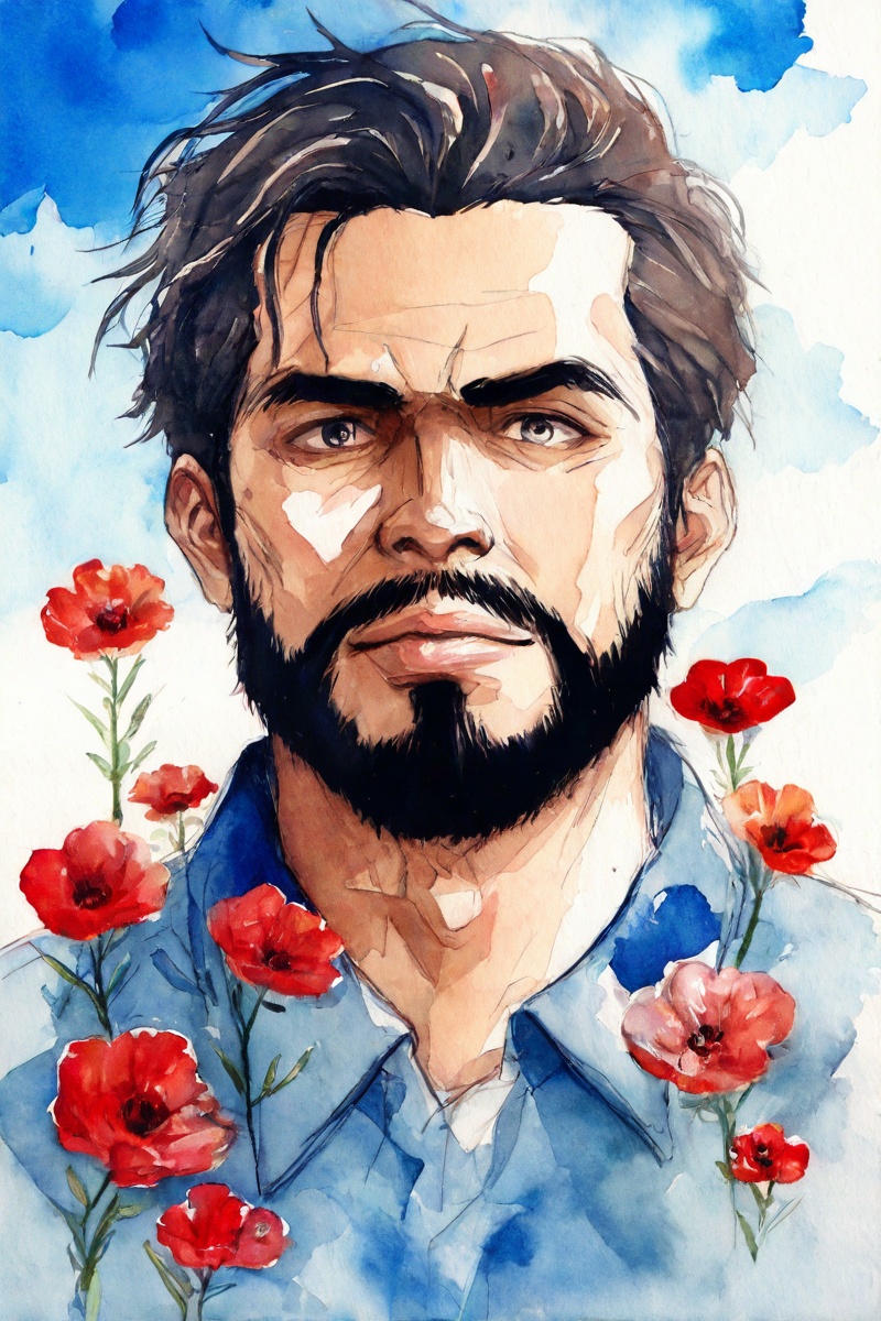 <lora:ArsMJStylePony_-_Watercolor:0.8>,arsmjstyle,beard,blue sky,cloud,flower,lips,looking at viewer,male focus,painting \(medium\),red flower,sky,watercolor,white background,