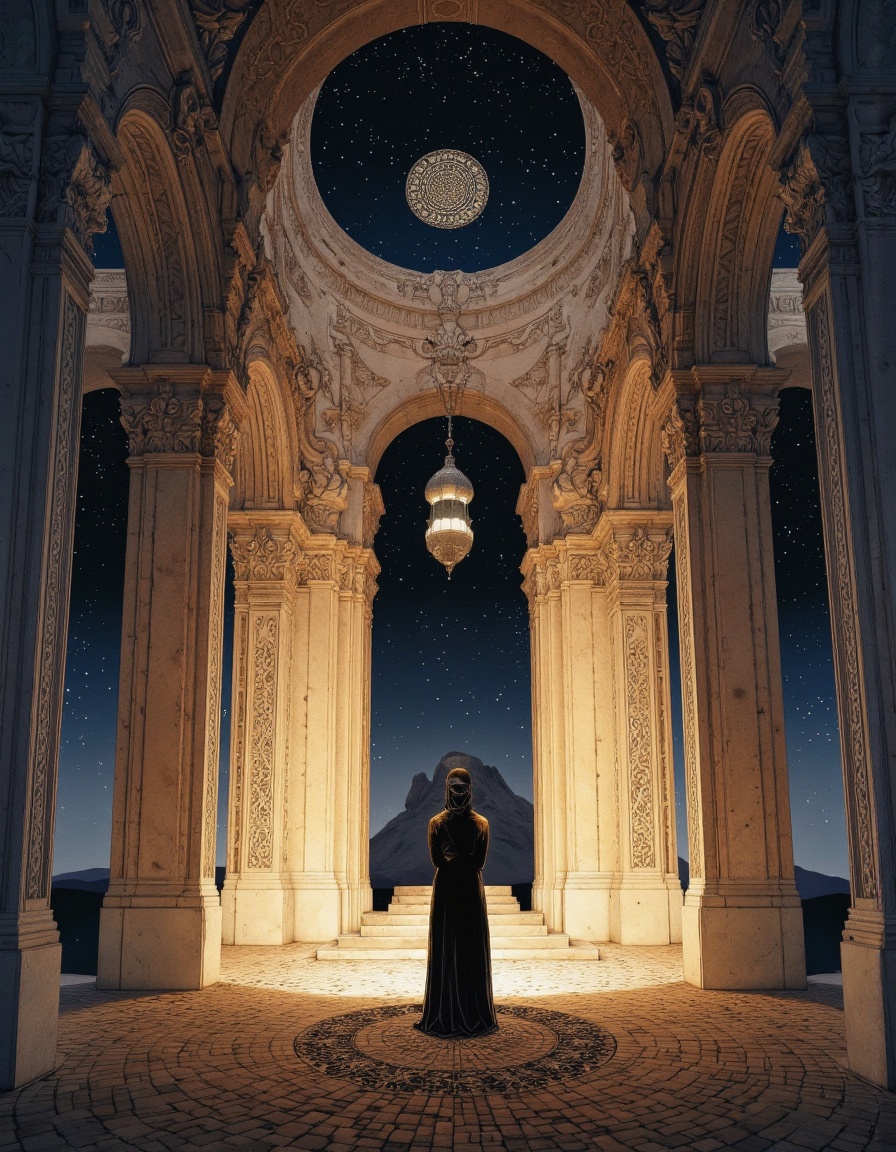 By Phandigrams. A digital illustration shoot from a low angle about a mystical scene featuring a figure standing in the mi...