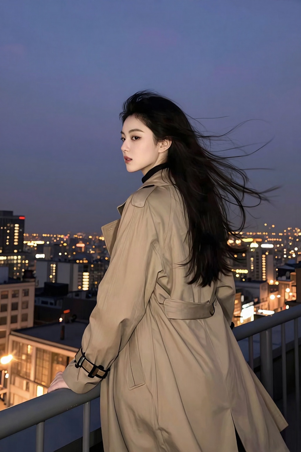 A woman with long,  wind-blown black hair stands on a rooftop terrace at dusk,  overlooking a sprawling city skyline lit u...