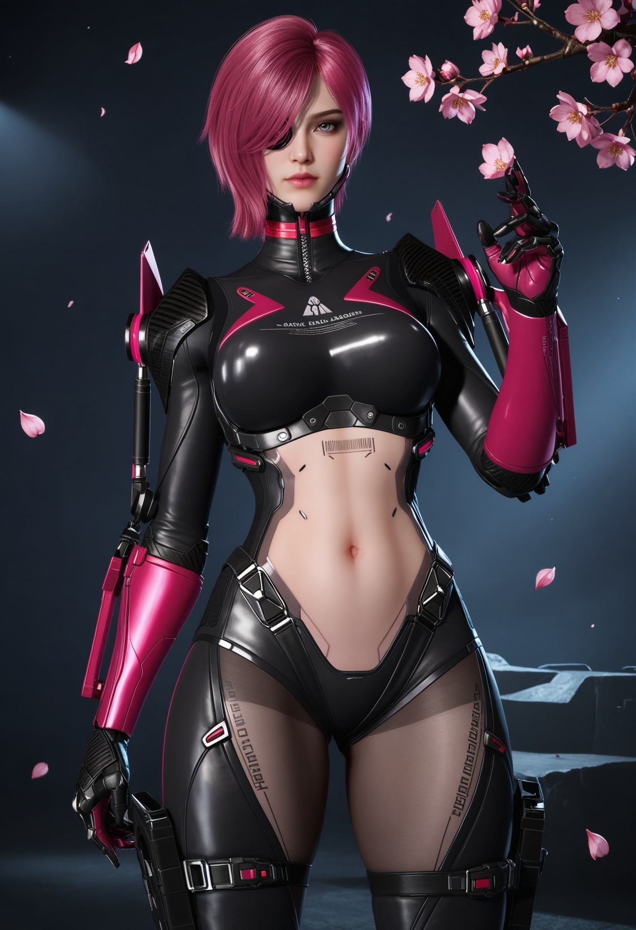 (cowboy shot:1.2),looking at viewer:1.1,masterpiece,(best quality),smog,Dark room,dim lighting,peach blossom,falling petals,<lora:YQ_Illustrious光辉v5_缇娜_V1:0.8>,q1528437228,1girl,solo,pink hair,short hair,bodysuit,hair over one eye,gloves,blue eyes,red hair,black bodysuit,boots,holster,armor,eyepatch,skin tight,tattoo,mechanical arms,thighhighs,one eye covered,cyborg,thigh strap,thigh holster,grey eyes,high heels,purple hair,thighs,crop top,