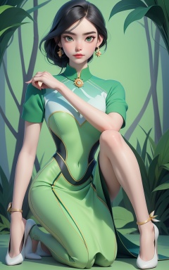 breathtaking Polished sheath dress with a tailored fit and a bold color block design,design by Mary Katrantzou (玛丽·卡特兰佐),Hermes (Hermes),Kneeling with hands on the floor,jungle green,full body, . award-winning, professional, highly detailed