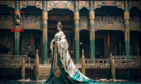 Dark and majestic Chinese palace background at night, waves and swirls of emerald color, a beautiful girl standing in the palace, the center of the sea, traditional Chinese costume jewelry,elaborate costumes, full body photos, traditional costumes, eye - catching details, the best quality，<lora:绪儿-皇宫palace background:0.9>