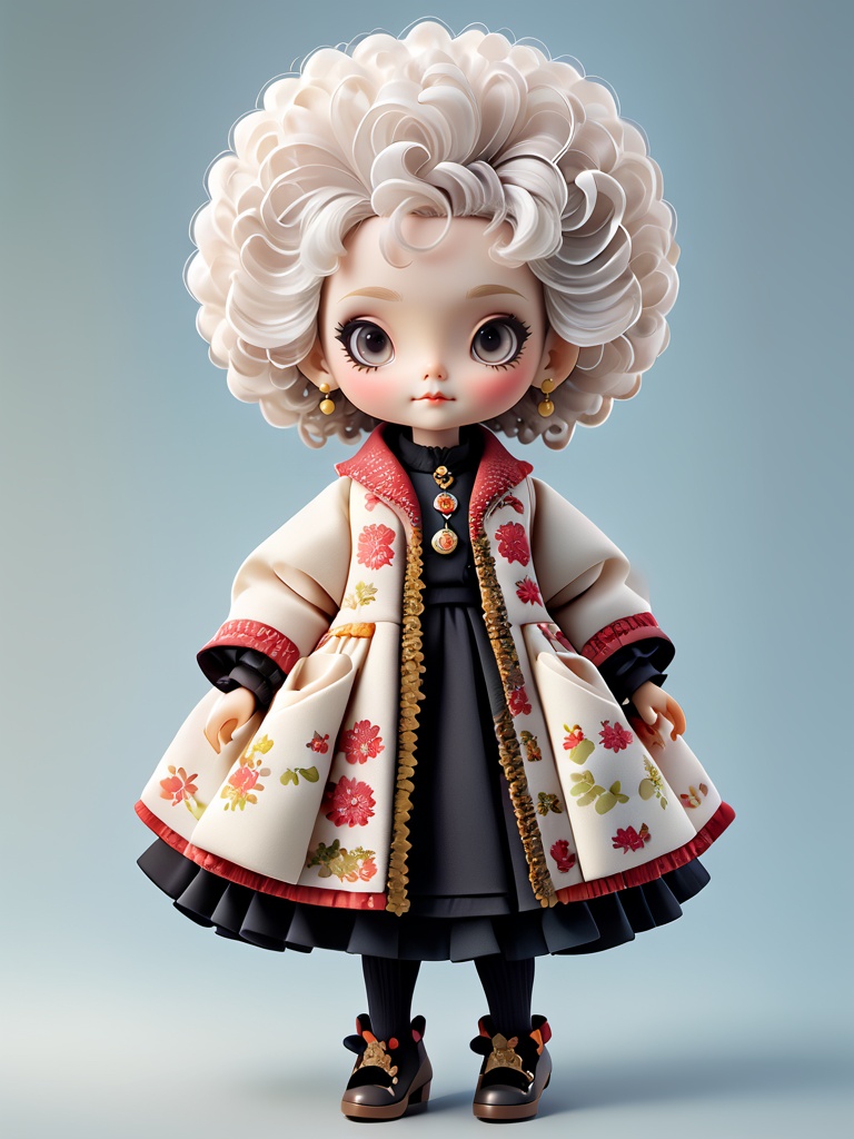 Doll design,An old grandmother with curly white hair and fashionable clothes. Elegant, excellent, highest quality, detailed.