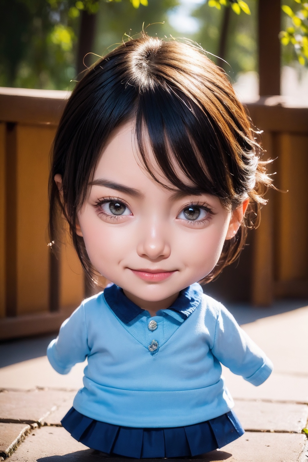 (photorealistic:1.4),(Realistic:1.4),(very clear facial contours facial skin texture:1.4),(beautiful detailed perfect face:1.4),chibi, 1girl, full body, looking at viewer, black long hair, standing, solo, shirt, pleated skirt, outdoors,