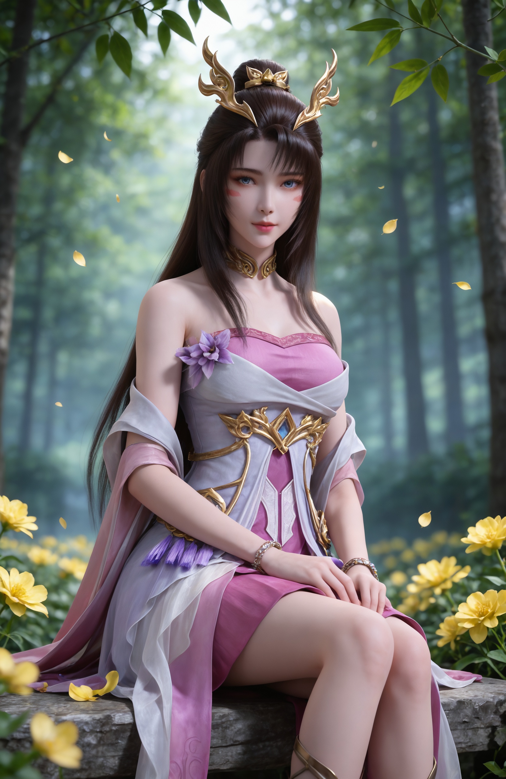 <lora:完美世界-魔女天狐Pony:0.7> 1girl, long hair, hair ornament, brown hair, facial mark, blue eyes, pink dress, bracelet, sandals, hair bun, masterpiece,best quality,amazing quality,very aesthetic,high resolution,ultra-detailed,absurdres,scenery,photorealistic,looking at viewer,moody lighting,peach blossom,falling petals,realistic,photorealistic details,, realistic style,white background,upper body,looking at viewer,dynamic posture,, 1girl, flower, sitting, solo, blurry, yellow flower, blurry background, outdoors, sunlight, looking at viewer, nature, depth of field, arms at sides, leaf, tree, light rays, plant, feet out of frame, day,