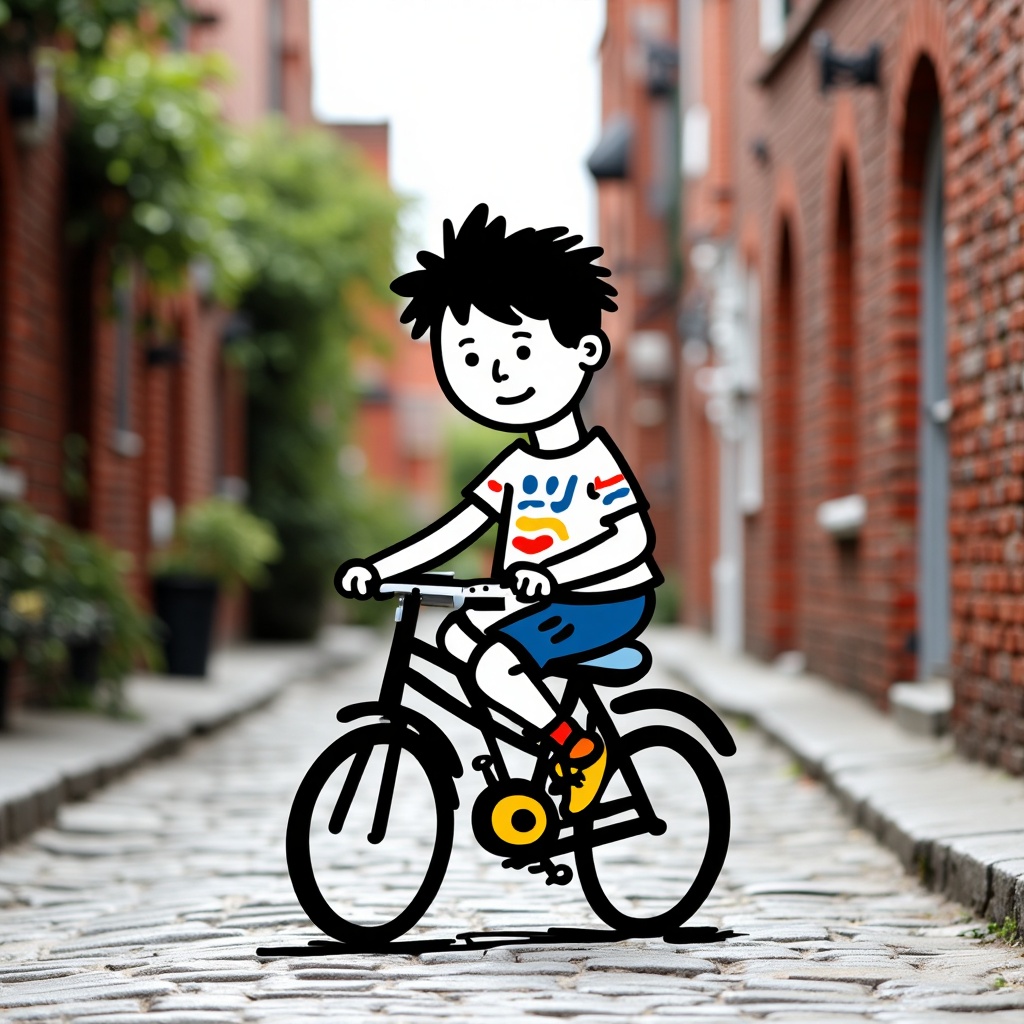 beijihui,A cartoon boy is riding a bicycle. The background shows a real shot of brick alley walls,