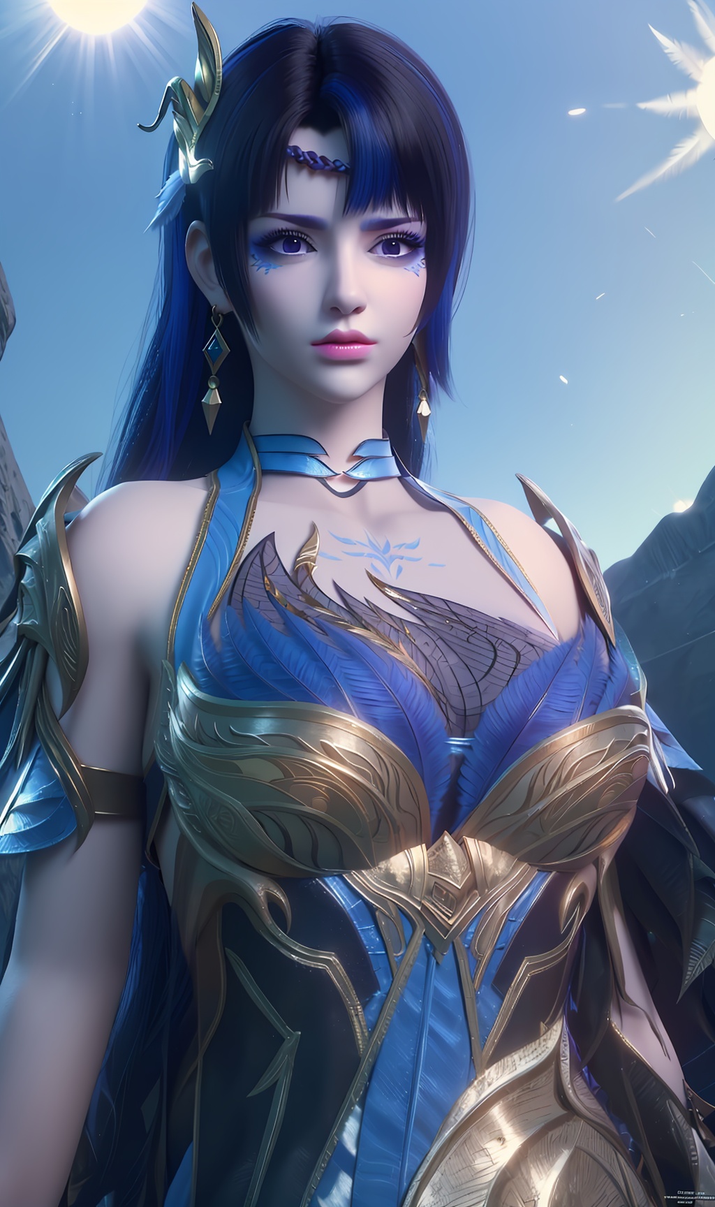 3D,masterpiece,(best quality),(makeup),official art, extremely detailed cg 8k wallpaper,((crystalstexture skin)), (extremely delicate and beautiful),(highly detailed),(1girl), (solo), (jewelry), (earrings),(purple_hair),(long_hair),(hair_ornament),(handwear),(breasts),,((upper_body)),(multicolored_clothes),(multicolored_dress),(earrings:1.000),(collar:1.000),(bare_shoulder:1.000),,(wristband:1.000),,(tattooing:1.000),(gloves:1.000),(claw:1.000),(chinese_clothes),(adapted_costume), gold_trim,feather,(sunshine, outdoor),((looking_at_viewer)),((Facing the camera)),, <lora:hipoly3DModelLora_v10:0.3>