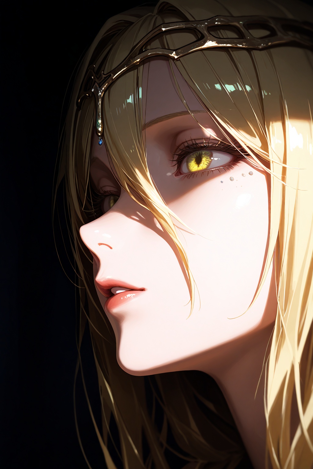 embedding:IllusP0s,(closeup:1.3) eye focus,queen marika the eternal,contrast lighting,parted lips,dark room,None,