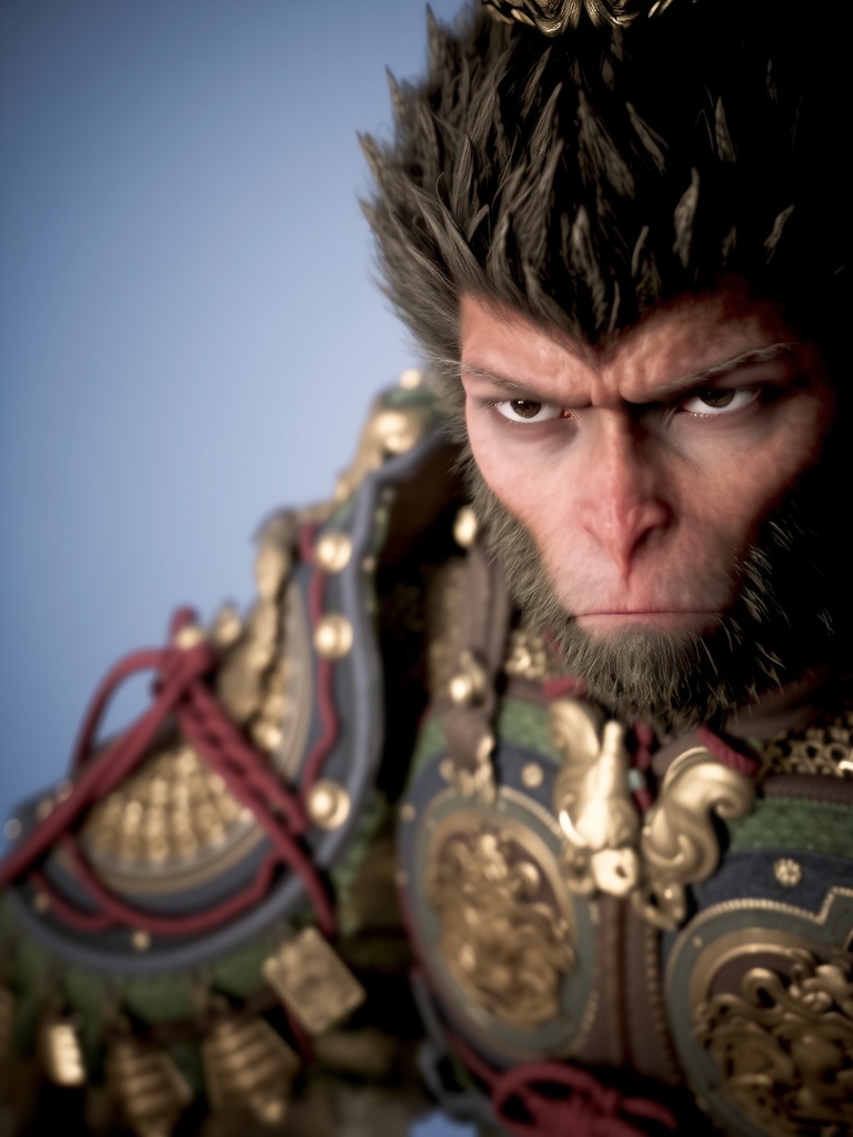 wukong,  This image is a highly detailed CGI rendering of a humanoid monkey with a human-like face and a prominent,  bushy...