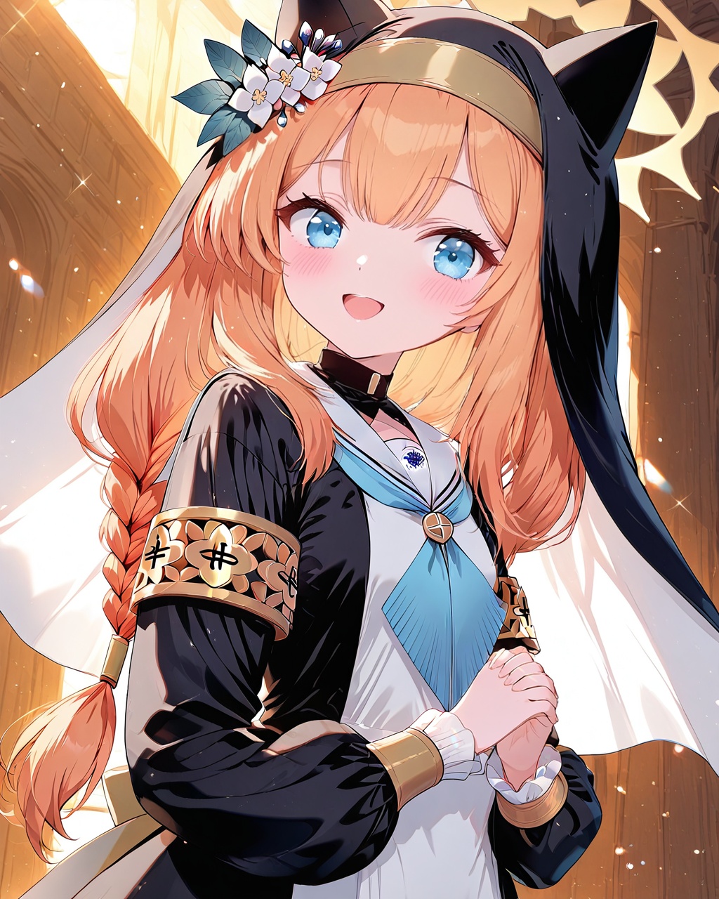 O,Five fingers,mari (blue archive),1girl, mari (blue archive), solo, animal ear headwear, orange hair, halo, own hands together, nun, blue eyes, long hair, flower, habit, white background, looking at viewer, braid, simple background, own hands clasped, smile, neckerchief, bangs, sailor collar, hat flower, long sleeves, open mouth, single braid, interlocked fingers, blush, hat, white sailor collar, dress, armband, frills, blue neckerchiefr,(UHD),anatomically correct,accurate,textured skin,super detail,high details,award winning,best quality,high quality,retina,HD,16k,1080P,