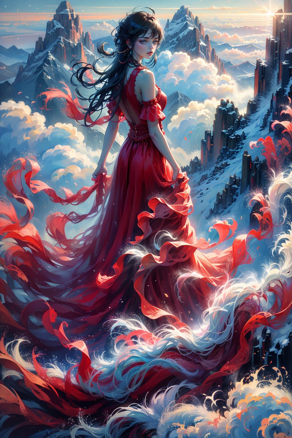 sdzs01,1girl,long hair,mountain,solo,cloud,red dress,black hair,looking at viewer,outdoors,blue sky,bare shoulders,cloudy sky,scenery,<lora:sdzs1.5:0.8>,, best quality, ultra-detailed, masterpiece, finely detail, highres, 8k wallpaper