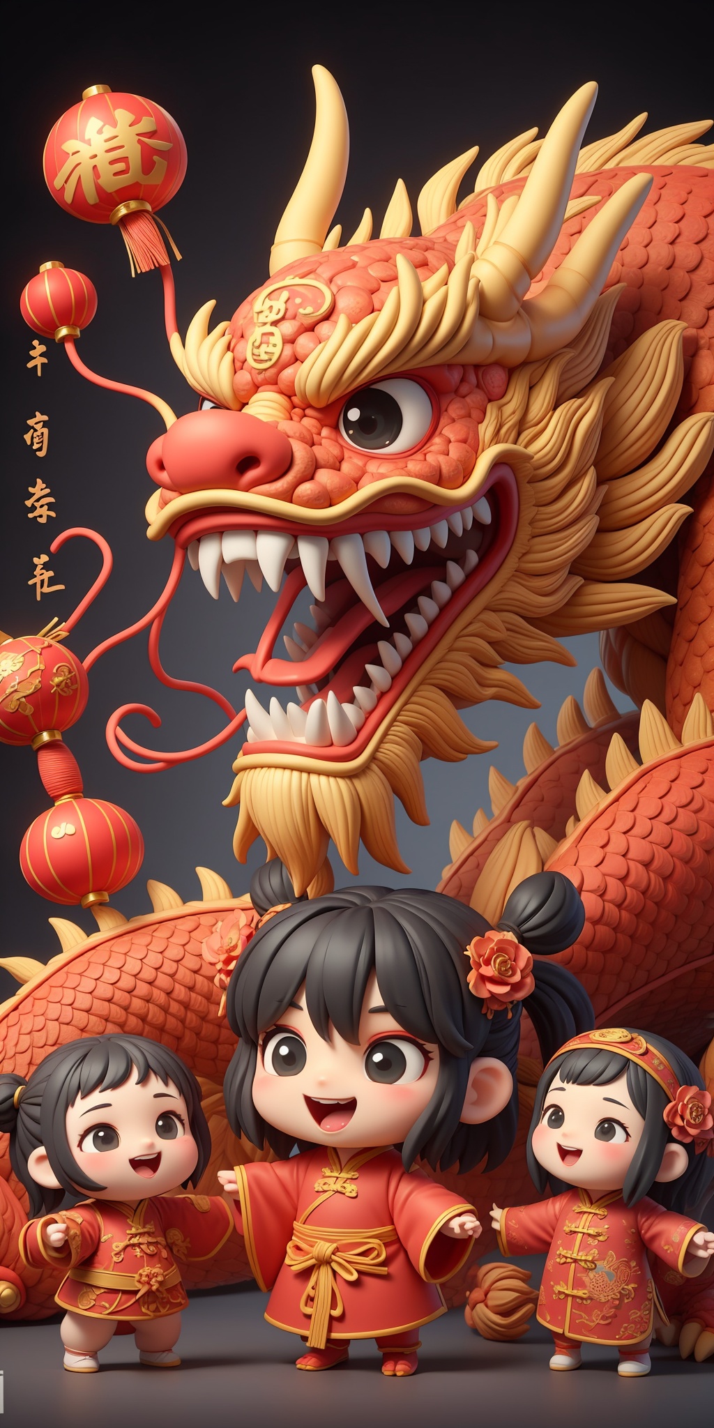 open mouth, eastern dragon, dragon, black hair, chinese clothes, smile, monster, chinese new year, teeth, black eyes, multiple girls, black ground<lora:kim_2024春节限定【龙】:0.8>