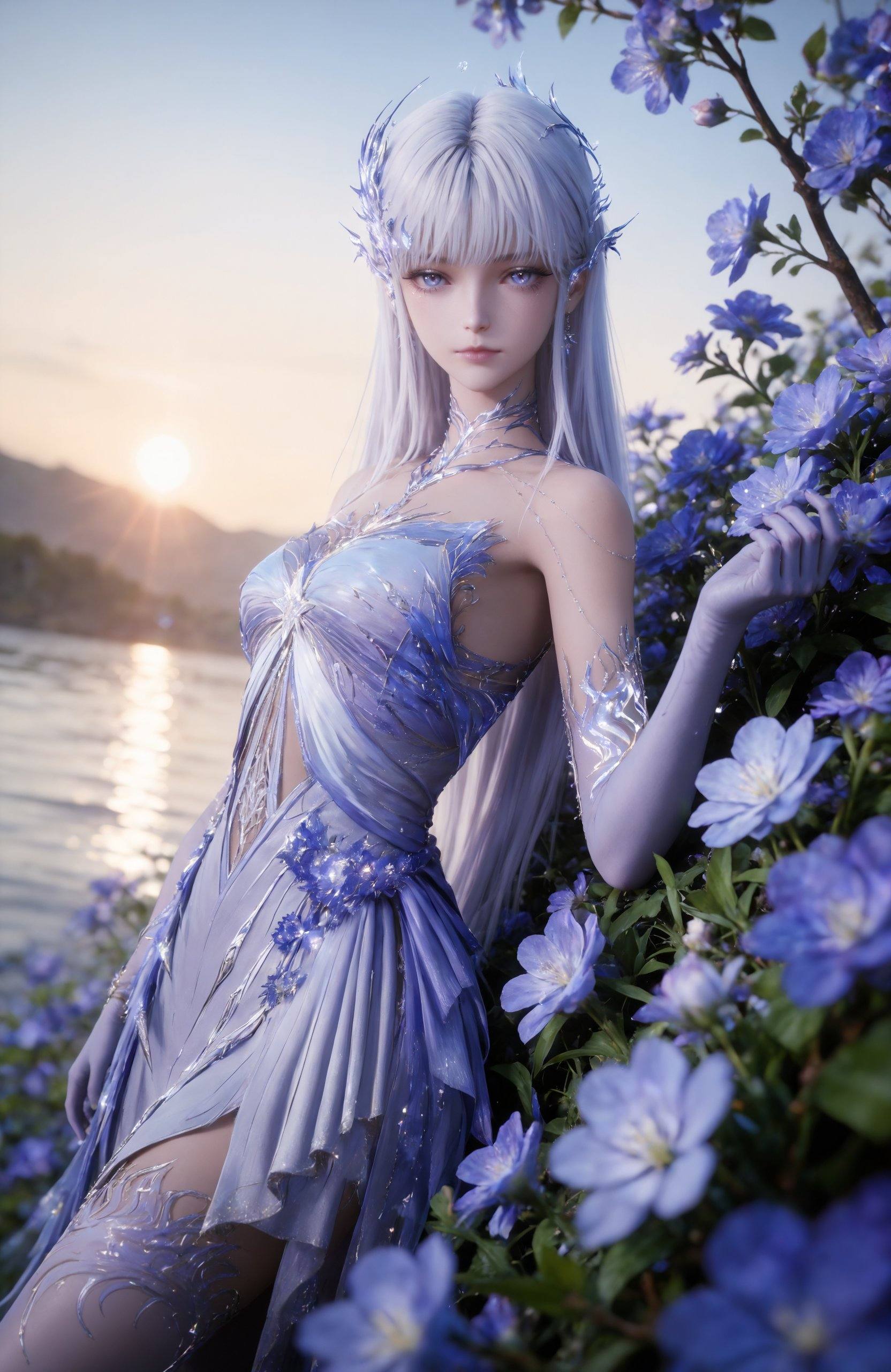 <lora:神印王座-圣采儿-死神IL:0.8>  1girl, long hair, hair ornament, white hair, jewelry, bare shoulders, elbow gloves, dress,  white dress, stairs,thighhighs,asymmetrical legwear,, realistic style photo,outstanding style,Use soft lighting to cast gentle shadows on the subject,adding a touch of dimension to your images without compromising details,whirls of vapor,(Anime:1.1),soft neon light,ethereal ambiance,delicate details,magical atmosphere,concept art,highly detailed,ultra-high resolution,32K UHD,sharp focus,best-quality,masterpiece,golden hour,unconventional supreme masterpiece,masterful details,temperate atmosphere,with a high-end texture,in the style of fashion photography,magazine style,Dynamic Angle,Dynamic posture,magazine style,Dynamic Angle,Dynamic posture,(cowboy_shot:1.2),eye trail,depth of field,cinematic lighting,lens flare,close-up,extreme aesthetic,(wlop:0.6),(honjou raita,lack,rella,wanke:0.5),masterpiece,best quality,good quality,newest,year 2025,very aesthetic,absurdres,Visual impact,A shot with tension,ultra-high resolution,32K UHD,sharp focus,best-quality,masterpiece,Emotionalization,unconventional supreme masterpiece,masterful details,temperate atmosphere,with a high-end texture,in the style of fashion photography,(Visual impact:1.2),giving the poster a dynamic and visually striking appearance,, solo,  upper body, blue flower, looking at viewer, snowflakes, closed mouth, branch,