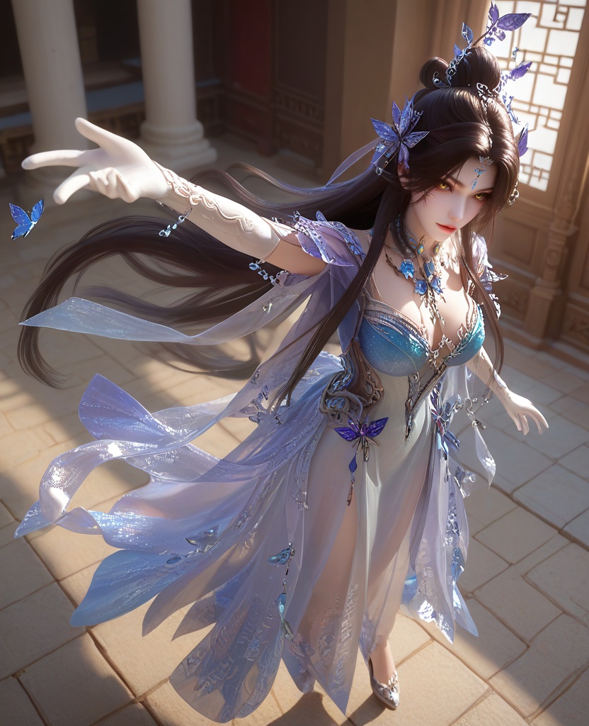 (oriental architecture, elegant decor, sophisticated style:1.1),(Thighs up, arms stretched out,:1.1),from above,(large breasts:1.2),shoes,<lora:XL16云深不知梦羲和四象归一:0.95>,miss xihe,blue-violet to white ombre gown,yellow eyes,forehead pendan,black hair,traditional chinese updo with long front strands,absurdly long hair,hair ornament,jewelry,elbow gloves,butterfly embellishments,crystal gown hemline,, score_9,score_8_up,score_7_up,score_6_up,score_5_up,score_4_up,3d rendering,tag1,tag2, Cinematic Lighting,backlighting,